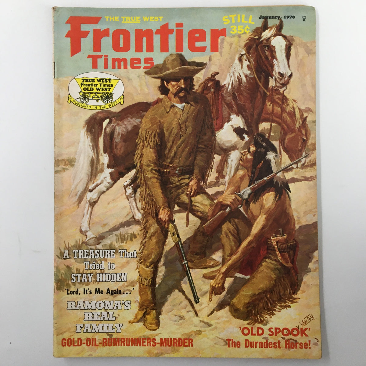 Frontier Times Magazine January 1970 cover featuring 'Old Spook The Durndest Horse', showcasing a cowboy, Native American, and horses in a vintage Western theme.