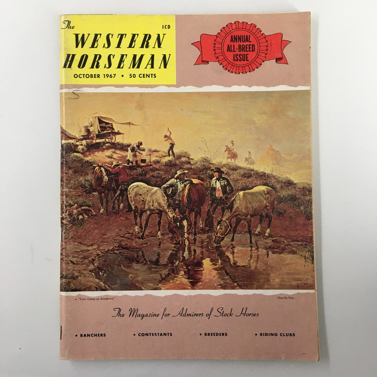 Cover of VTG Western Horseman Magazine from October 1967, featuring artwork of cowboys and horses at a watering hole, promoting the Australian Waler breed.