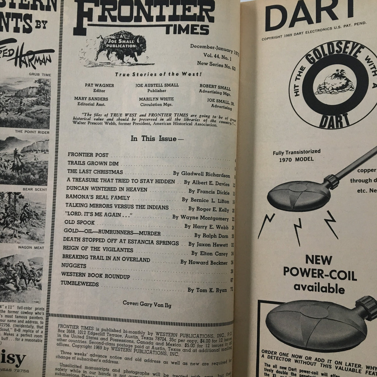 Inside pages of VTG Frontier Times Magazine January 1970 displaying contents and articles including 'Gold-Oil-Rumrunners-Murder,' showcasing captivating historical narratives of the American frontier.