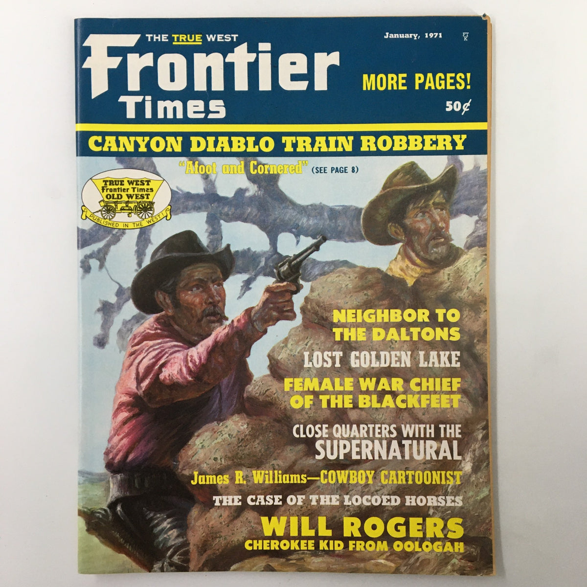 Frontier Times Magazine January 1971 cover featuring the title 'Neighbors To The Daltons,' with illustrations of two cowboys and topics including 'Canyon Diablo Train Robbery' and 'Will Rogers.'