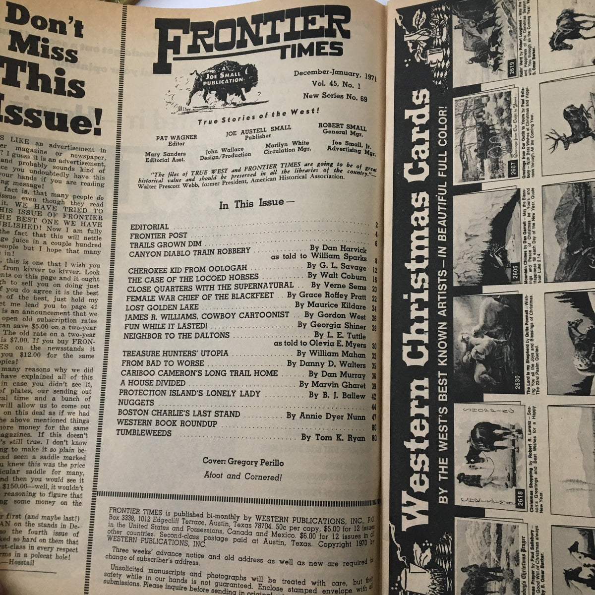 Interior page of Frontier Times Magazine January 1971 showcasing editorial and contents, highlighting articles like 'Canyon Diablo Train Robbery' and 'Neighbor To The Daltons.'