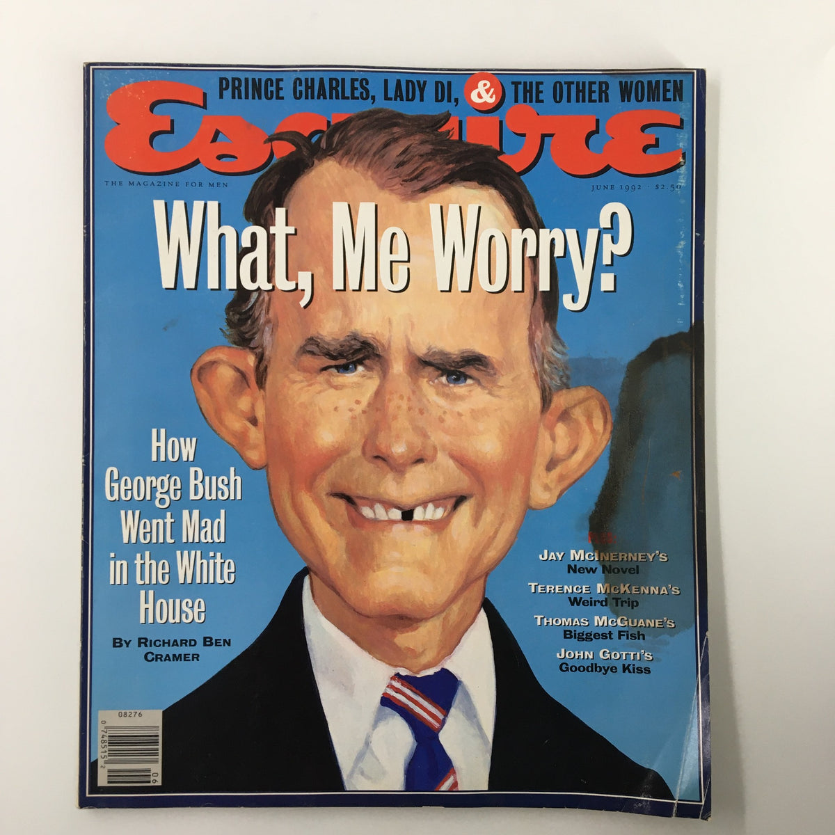 Esquire Magazine June 1992 cover featuring laughing depiction of George Bush with the headline 'What, Me Worry?' and featured articles on various topics including a piece by Richard Ben Cramer.