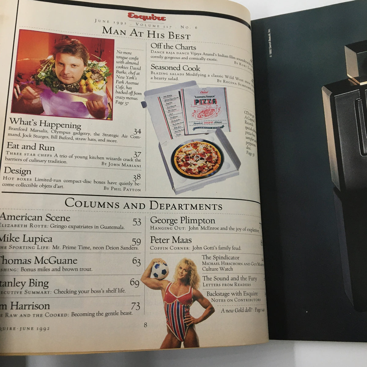 Inside page of Esquire Magazine June 1992 featuring articles on culinary topics, including 'Off the Charts' and 'Seasoned Cook', showcasing images of food and creative dishes.