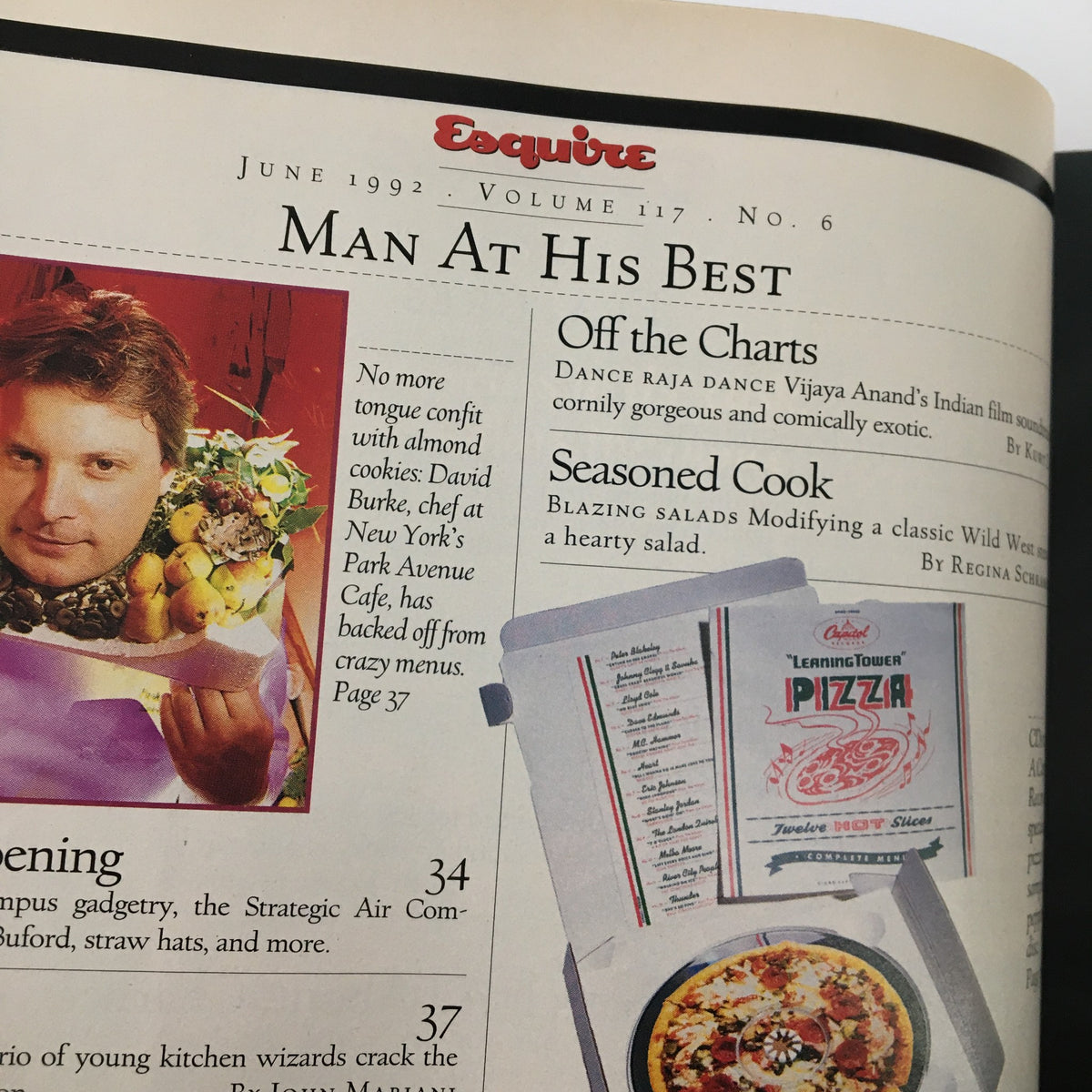 Highlight from Esquire Magazine June 1992 displaying culinary features, including chef David Burke with a variety of culinary creations and pizza, reflecting the magazine's focus on food.