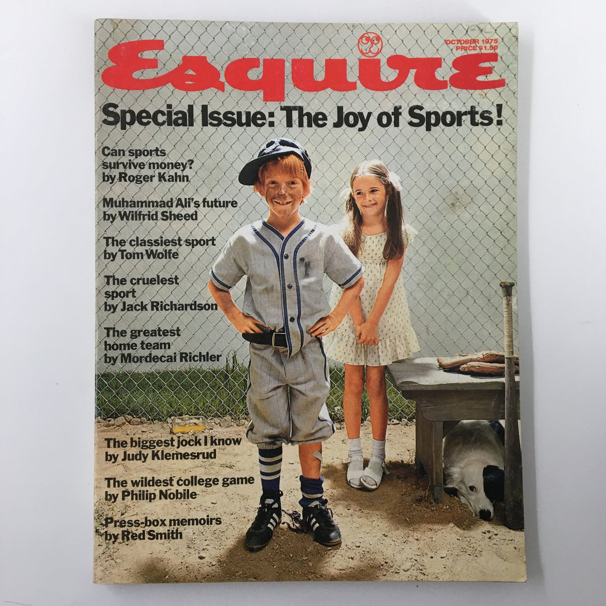 Esquire Magazine cover from October 1975 titled 'Special Issue: The Joy of Sports!' featuring children in vintage attire, highlighting Muhammad Ali's future alongside articles on sports and culture.