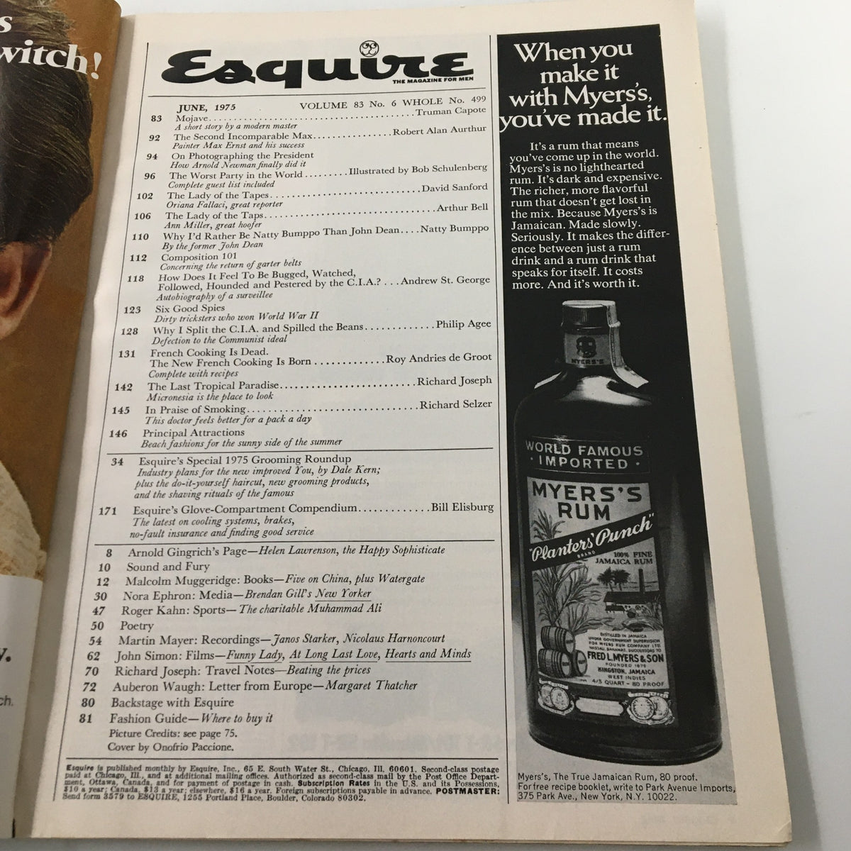 Inside page of VTG Esquire Magazine June 1975 listing articles including 'Mojave' by Truman Capote, with a vintage advertisement and contents overview.