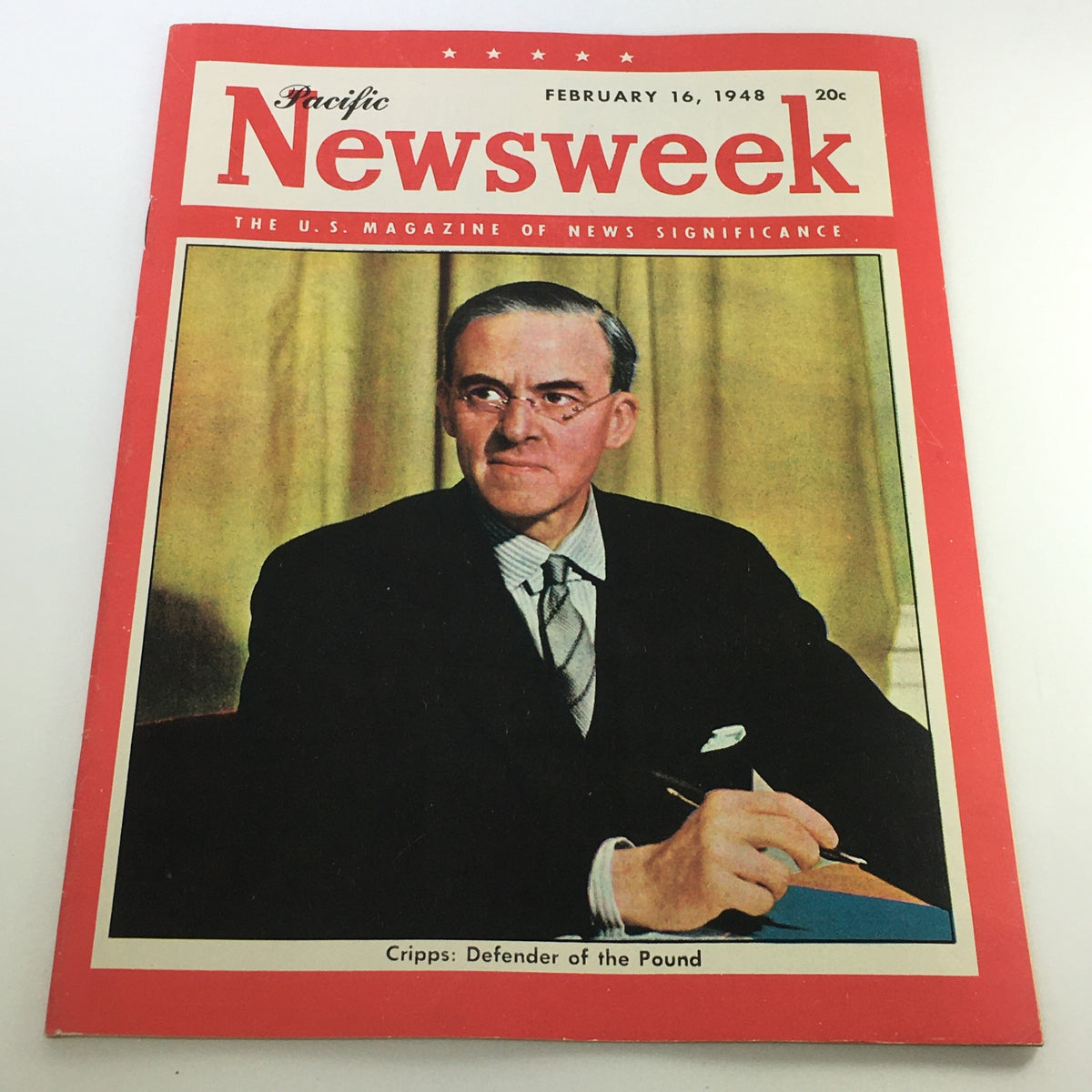 VTG Newsweek Magazine February 16 1948 featuring Sir Richard Stafford Cripps on the cover, highlighting his role as 'Defender of the Pound' with a classic red and white design.