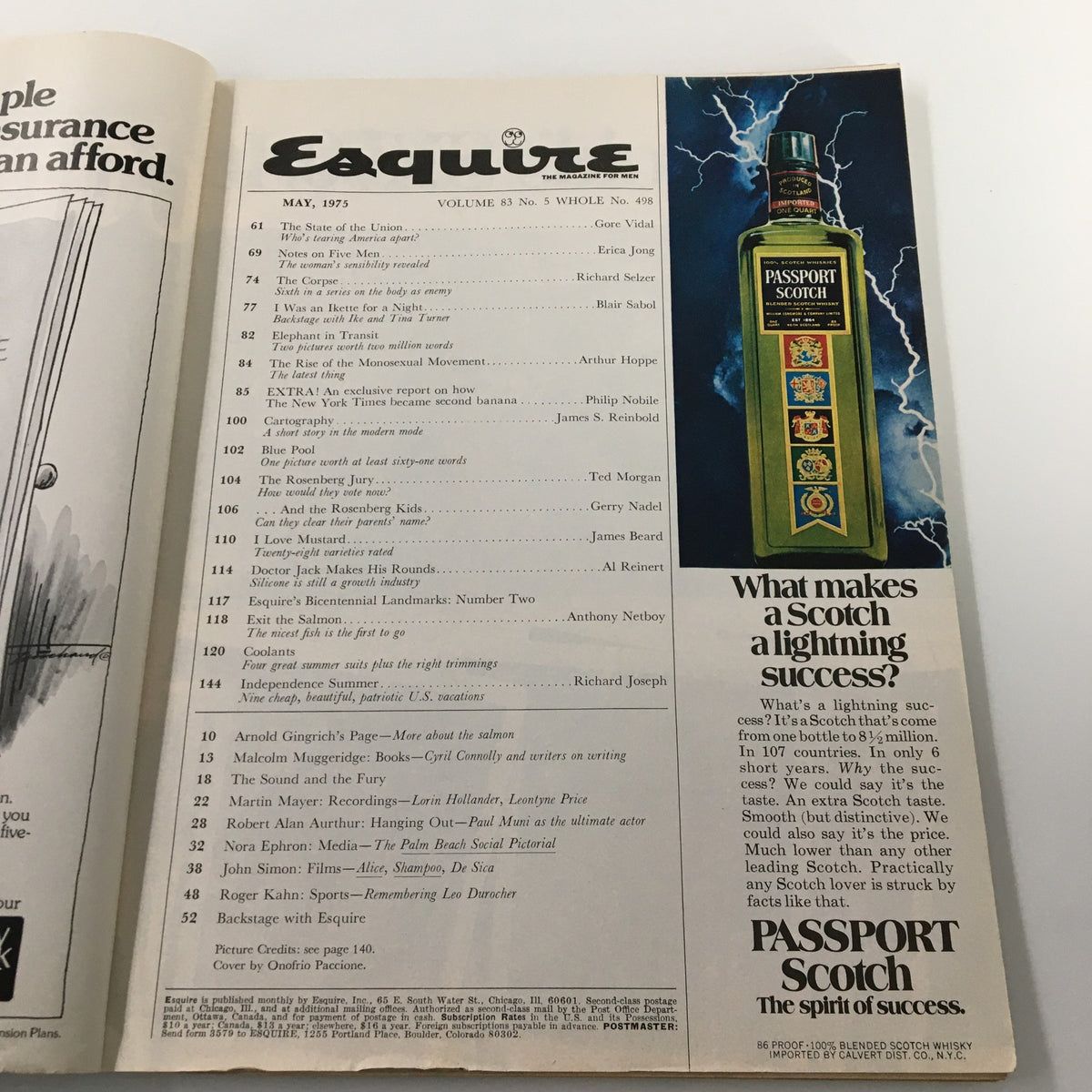 Inside page of VTG Esquire Magazine May 1975 displaying the table of contents with various articles including Gore Vidal's 'The State of the Union'.
