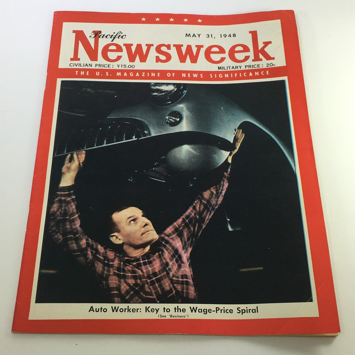 VTG Newsweek Magazine May 31, 1948 featuring an image of an auto worker, centered on the theme of automotive history and labor movements, showcasing the magazine's title and vibrant red cover. Perfect for collectors of vintage publications and mid-century history.