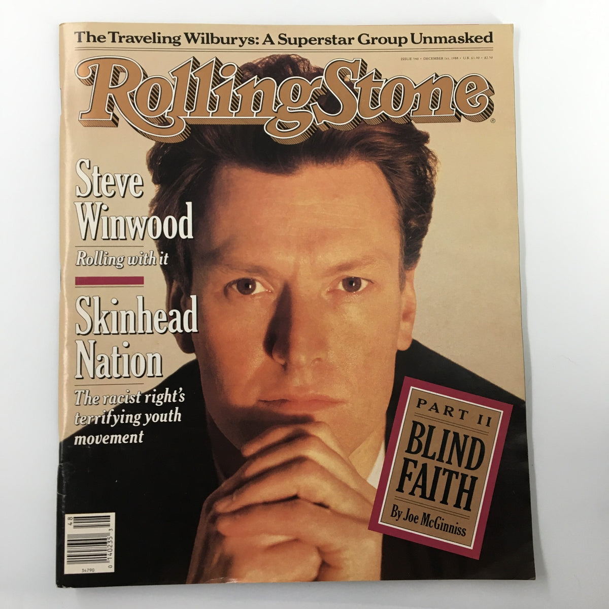 Vintage Rolling Stone Magazine cover from December 1, 1988, featuring Steve Winwood with a headline 'Rolling with It', alongside an article about Skinhead Nation. This iconic magazine captures the essence of late '80s rock culture.