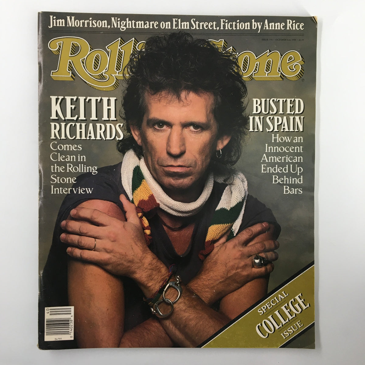 Vintage Rolling Stone magazine from October 6, 1988, featuring the title 'Keith Richards Comes Clean' and a striking photograph of Keith Richards on the cover. This issue includes an exclusive interview and reflects the rock 'n' roll culture of the late 1980s.