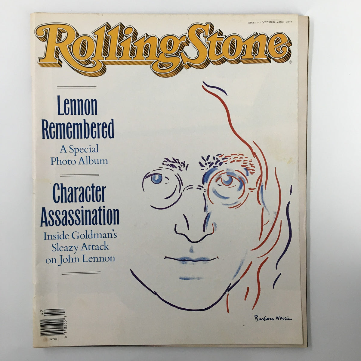 Cover of the Rolling Stone Magazine from October 20, 1988, featuring the title 'Lennon Remembered' and a special photo album dedicated to John Lennon, along with an illustration of Lennon by Barbara Nessim.