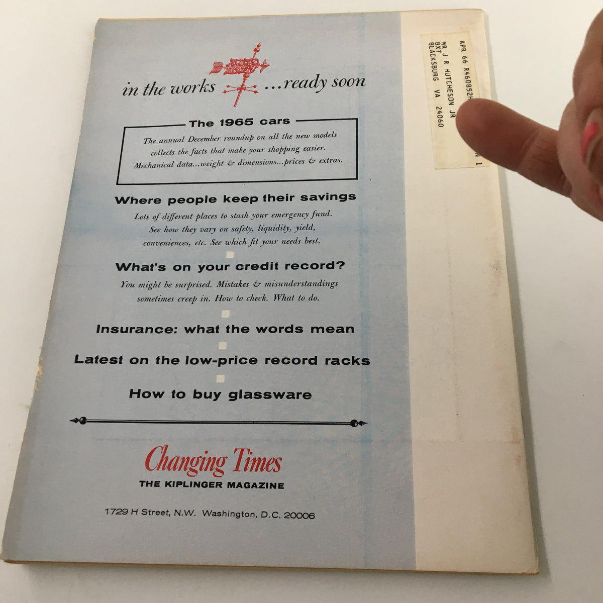 Back cover of VTG Changing Times Magazine November 1964, showcasing future topics such as the 1965 cars and financial advice.