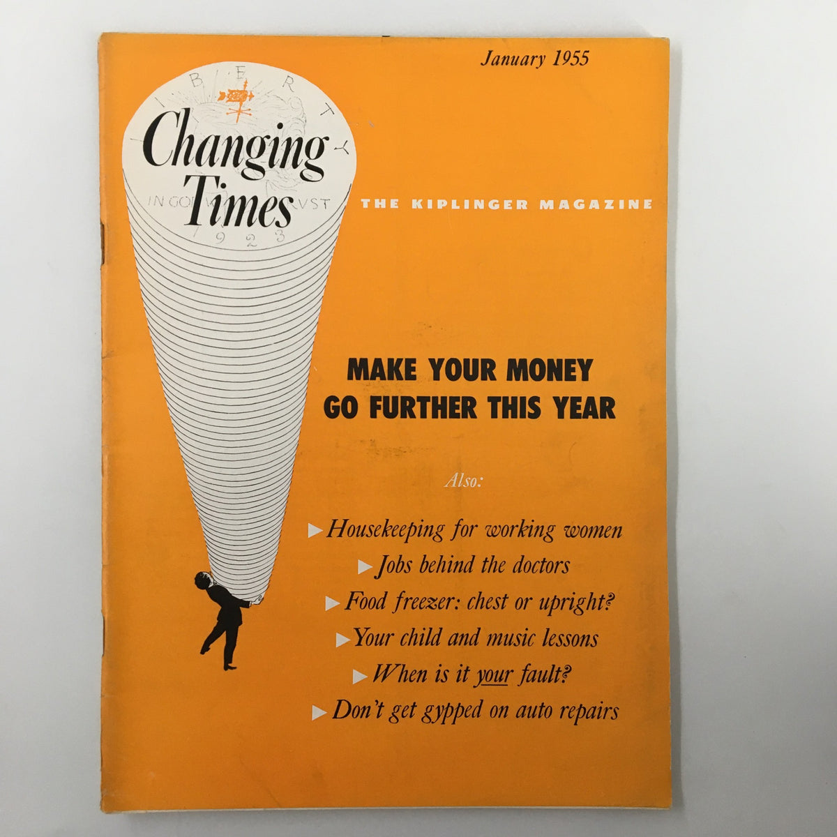 Cover of the VTG Changing Times Magazine from January 1955, featuring the title 'Make Your Money Go Further This Year' along with articles listed on the front. The magazine showcases a vintage design and is a valuable piece of history for collectors.