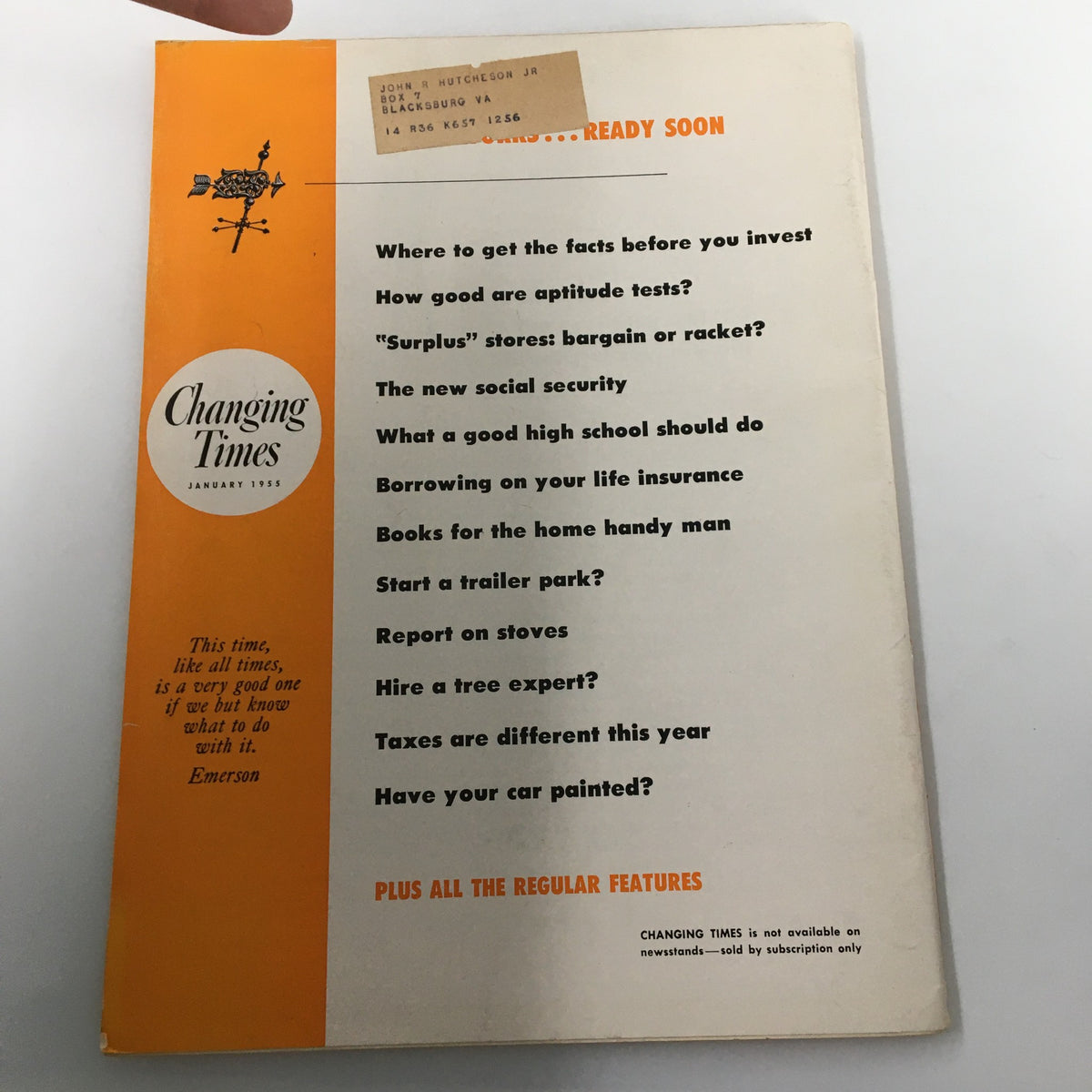 Back cover of VTG Changing Times Magazine January 1955, highlighting features and topics related to personal finance, investment, and economic advice.