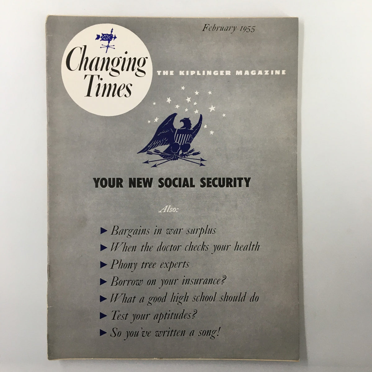 Cover of VTG Changing Times Magazine February 1955 featuring the main title 'YOUR NEW SOCIAL SECURITY' with a design showcasing an eagle symbol and a list of articles including 'What a good high school should do.'