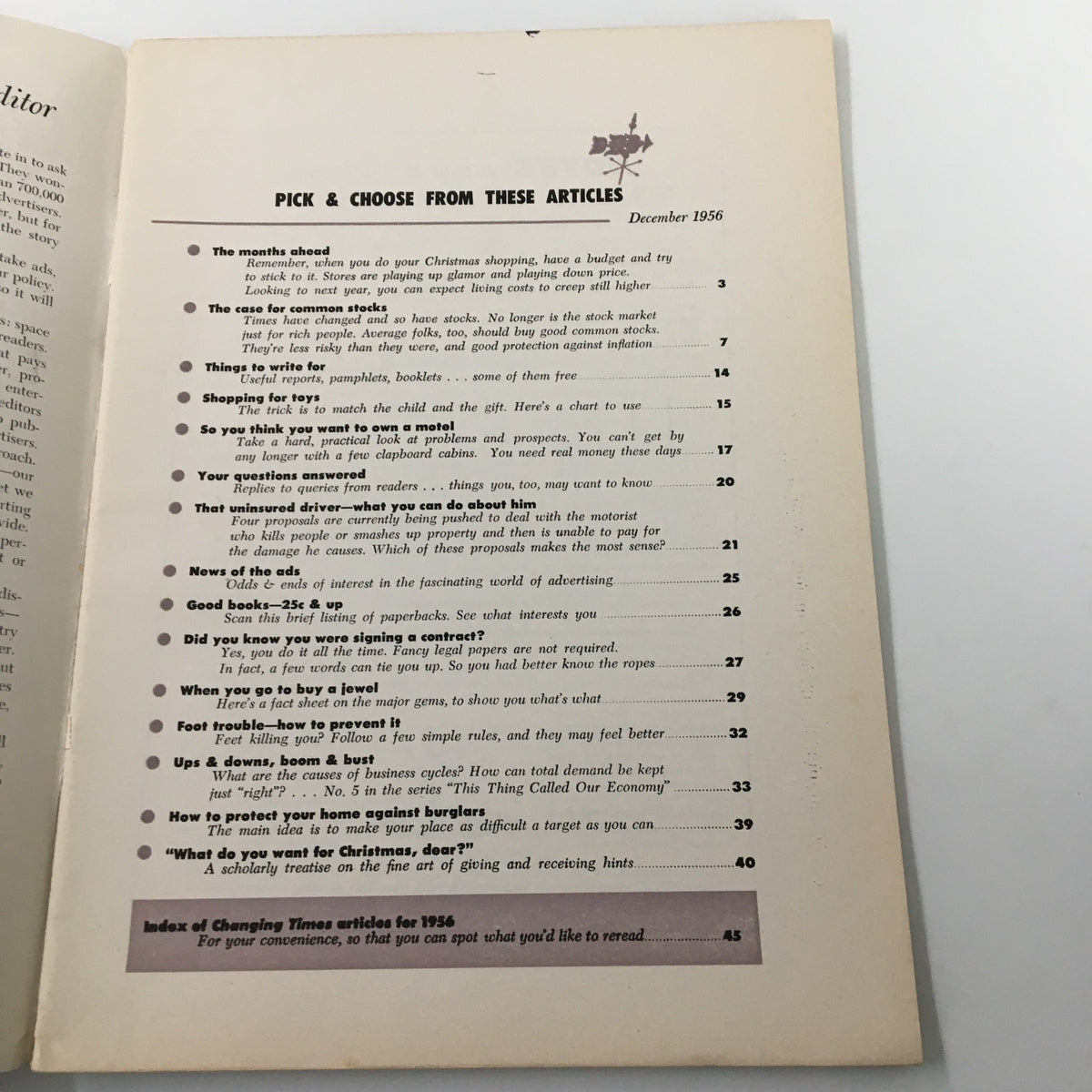 Inside page of VTG Changing Times Magazine December 1956 showing the table of contents listing articles including 'The Case for Common Stocks'.