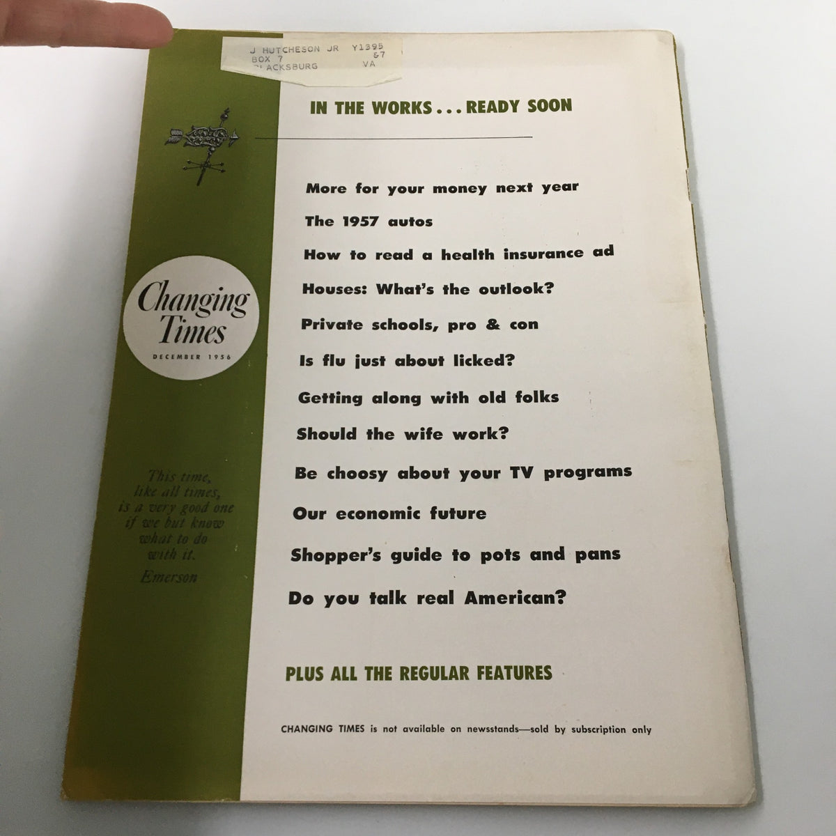 Back cover of VTG Changing Times Magazine December 1956 displaying upcoming articles and the magazine's title.