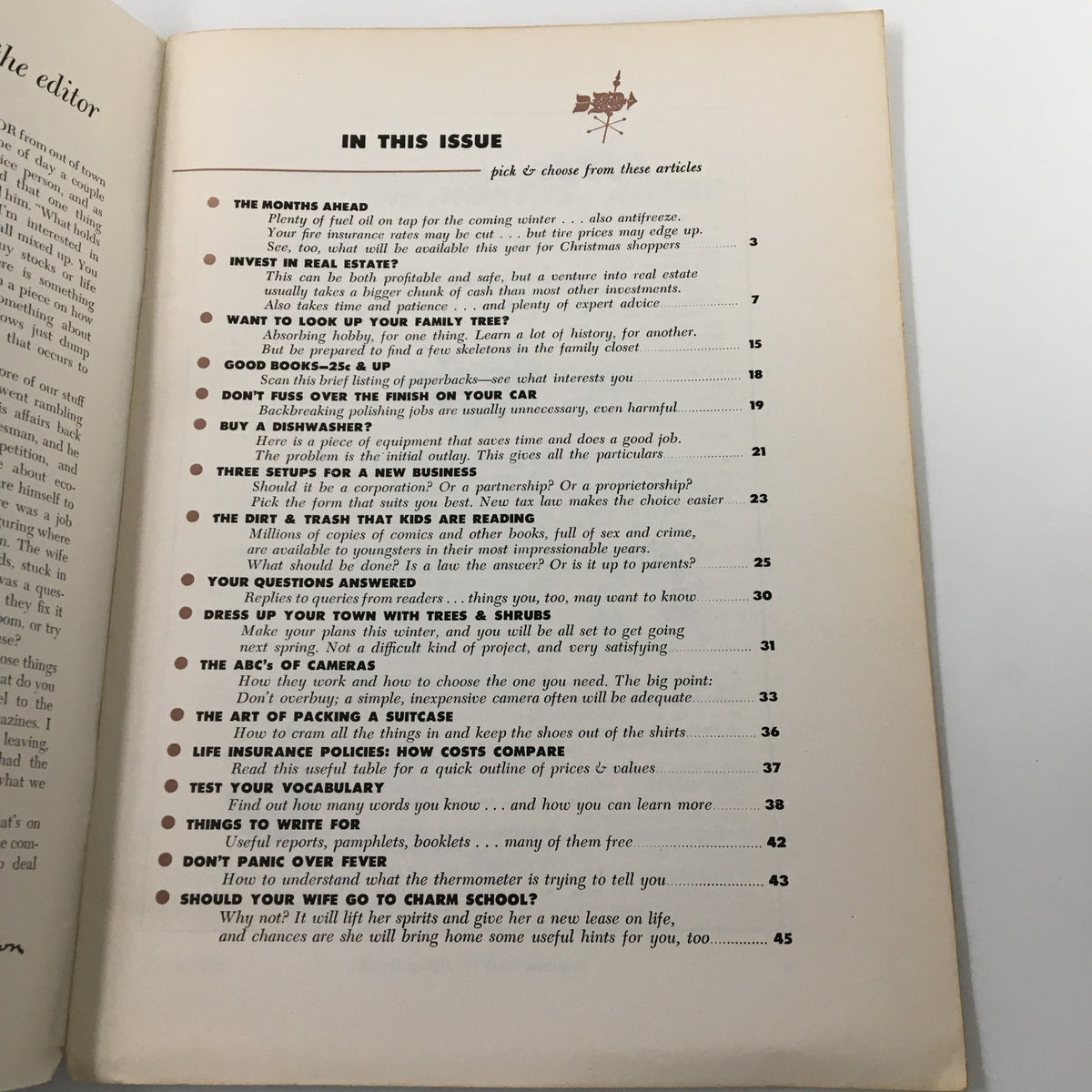 Inside content page of VTG Changing Times Magazine November 1954, featuring a list of articles including 'Should Your Wife Go To Charm School?' and various lifestyle topics from the 1950s.