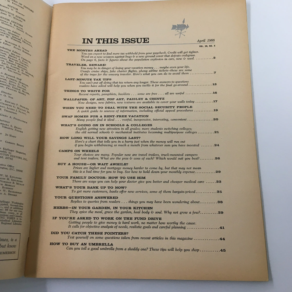 Inside look at the VTG Changing Times Magazine April 1966 featuring table of contents, articles on financial advice, and home buying tips.