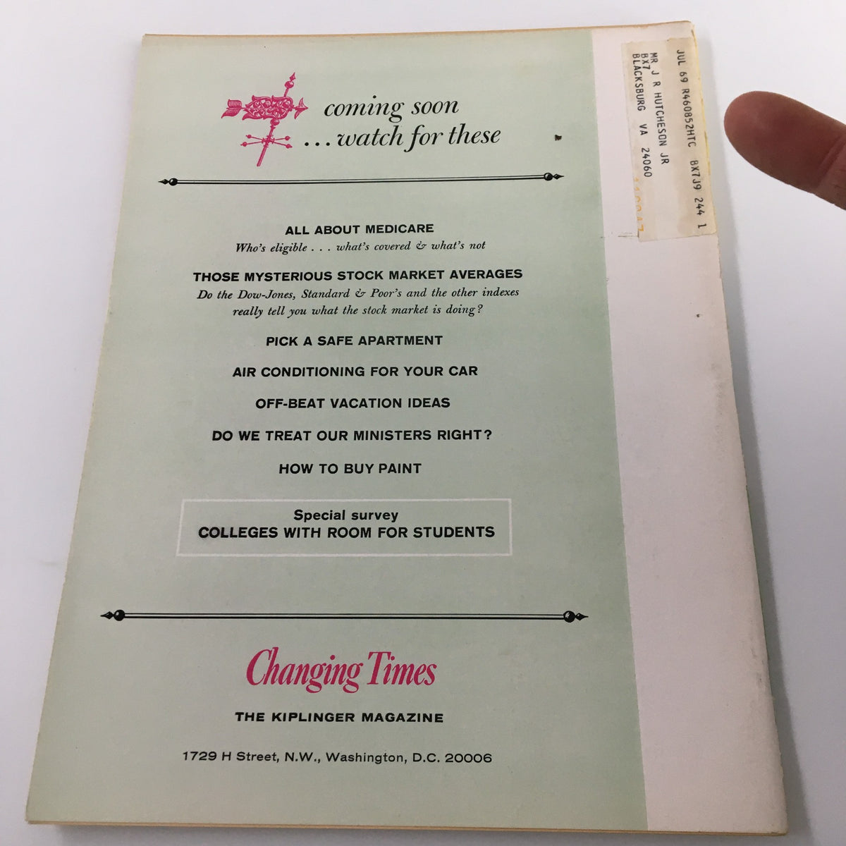 Back cover of the VTG Changing Times Magazine April 1966 showcasing upcoming topics including home buying and financial planning.