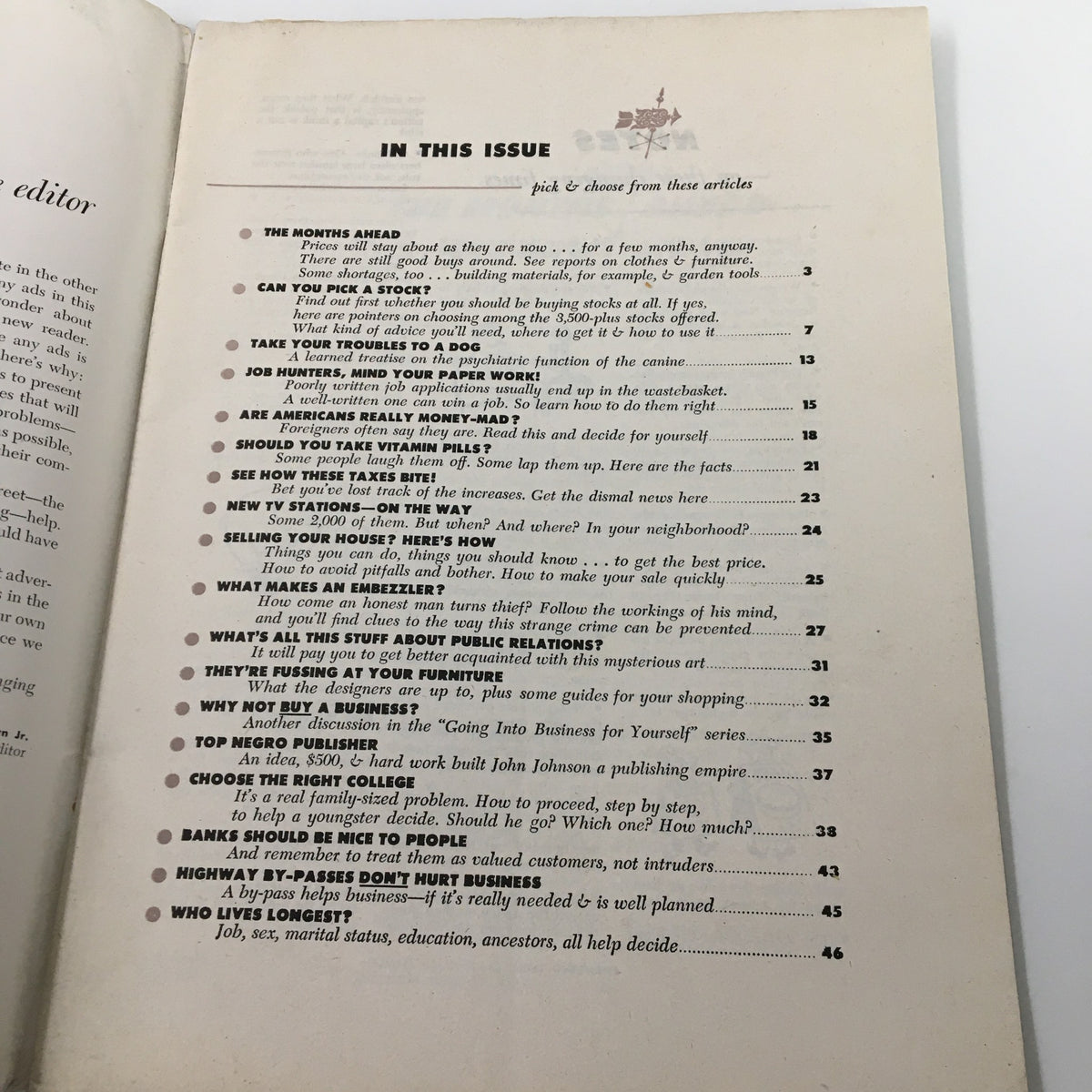 Inside page of VTG Changing Times Magazine March 1952 displaying the table of contents with articles including 'Job Hunters, Mind Your Paper Work!' and various financial topics.