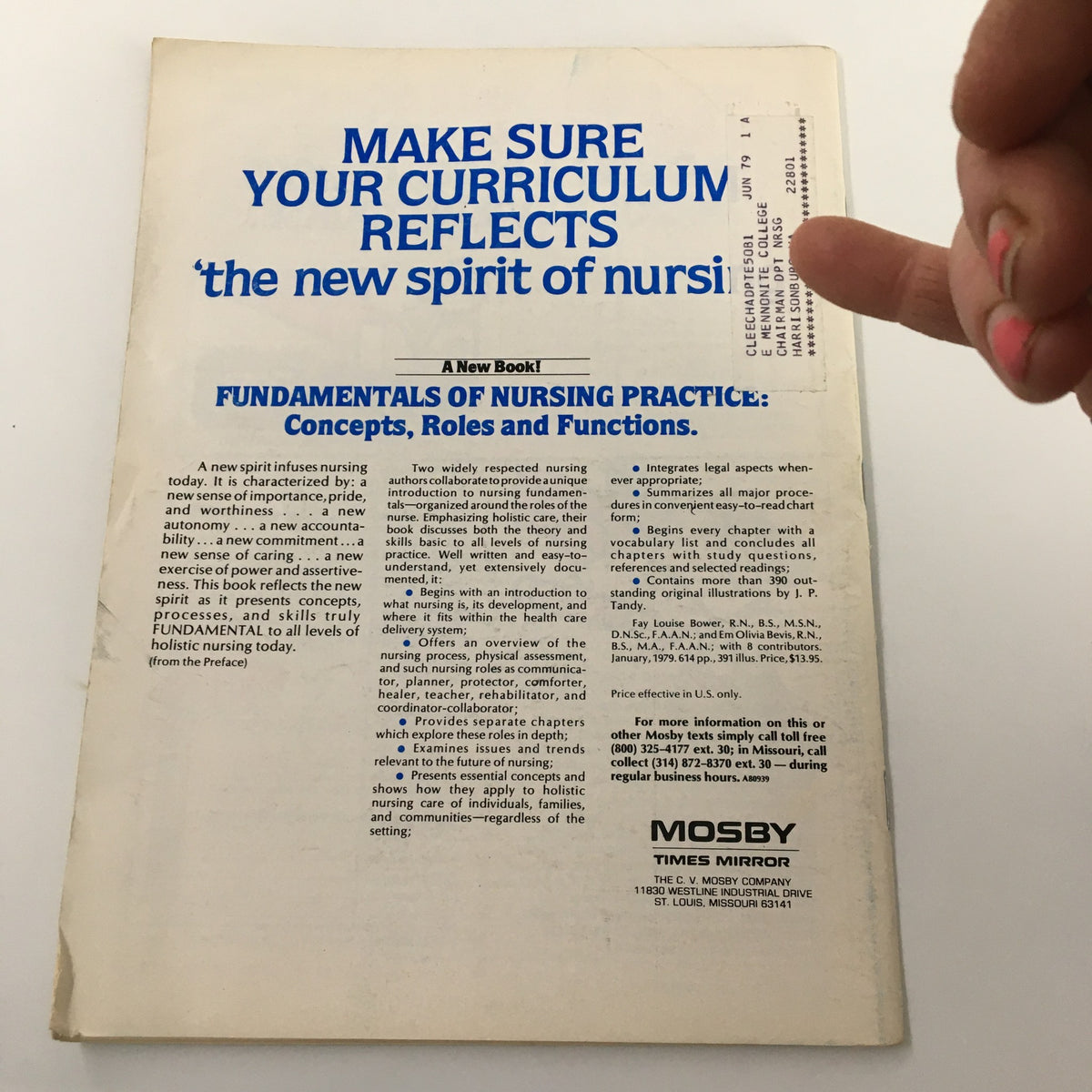 Back cover of Nursing Outlook Magazine December 1978 showcasing information on nursing curriculum and a new book titled 'Fundamentals of Nursing Practice'.