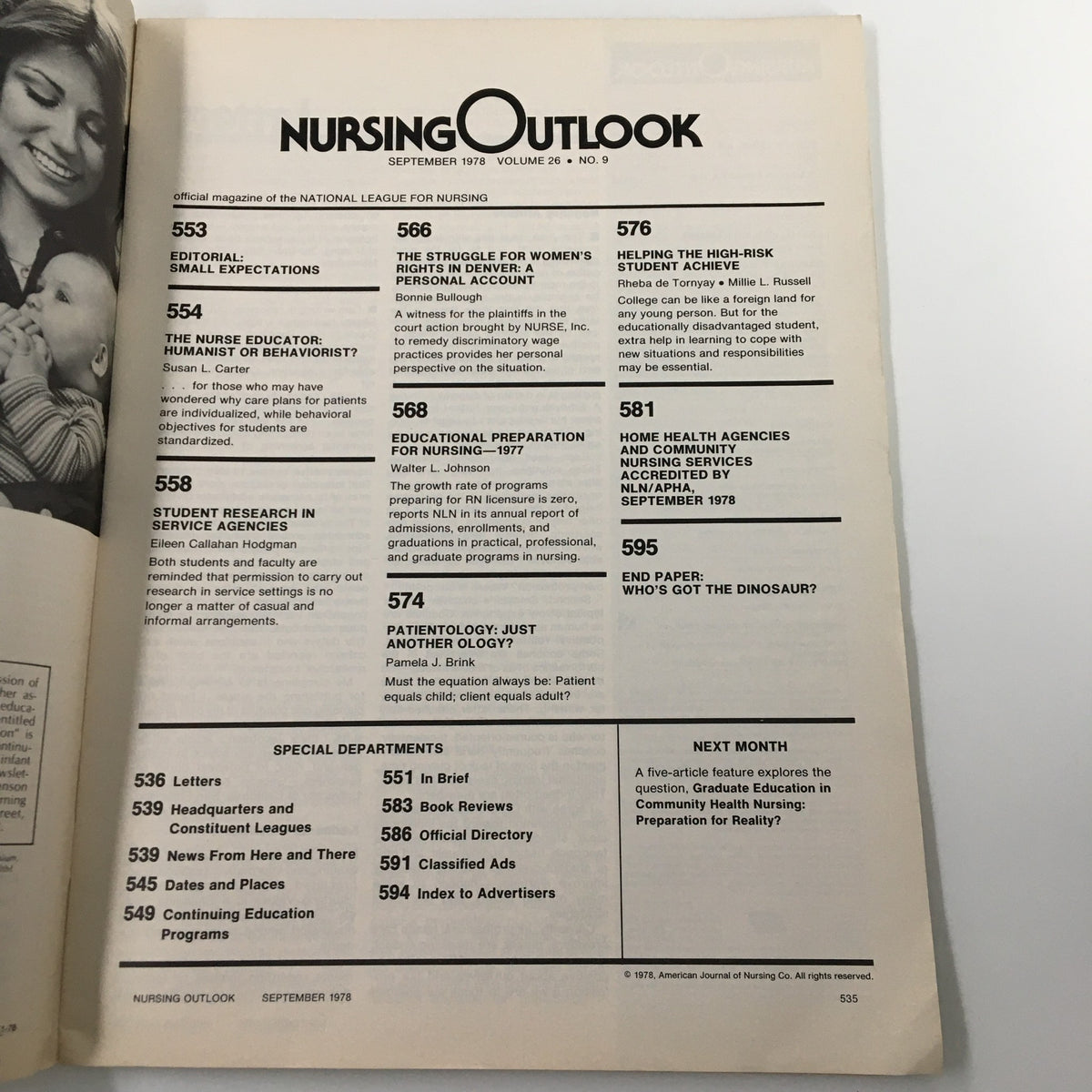 Table of contents page from VTG Nursing Outlook Magazine September 1978, highlighting various articles on nursing education and research.