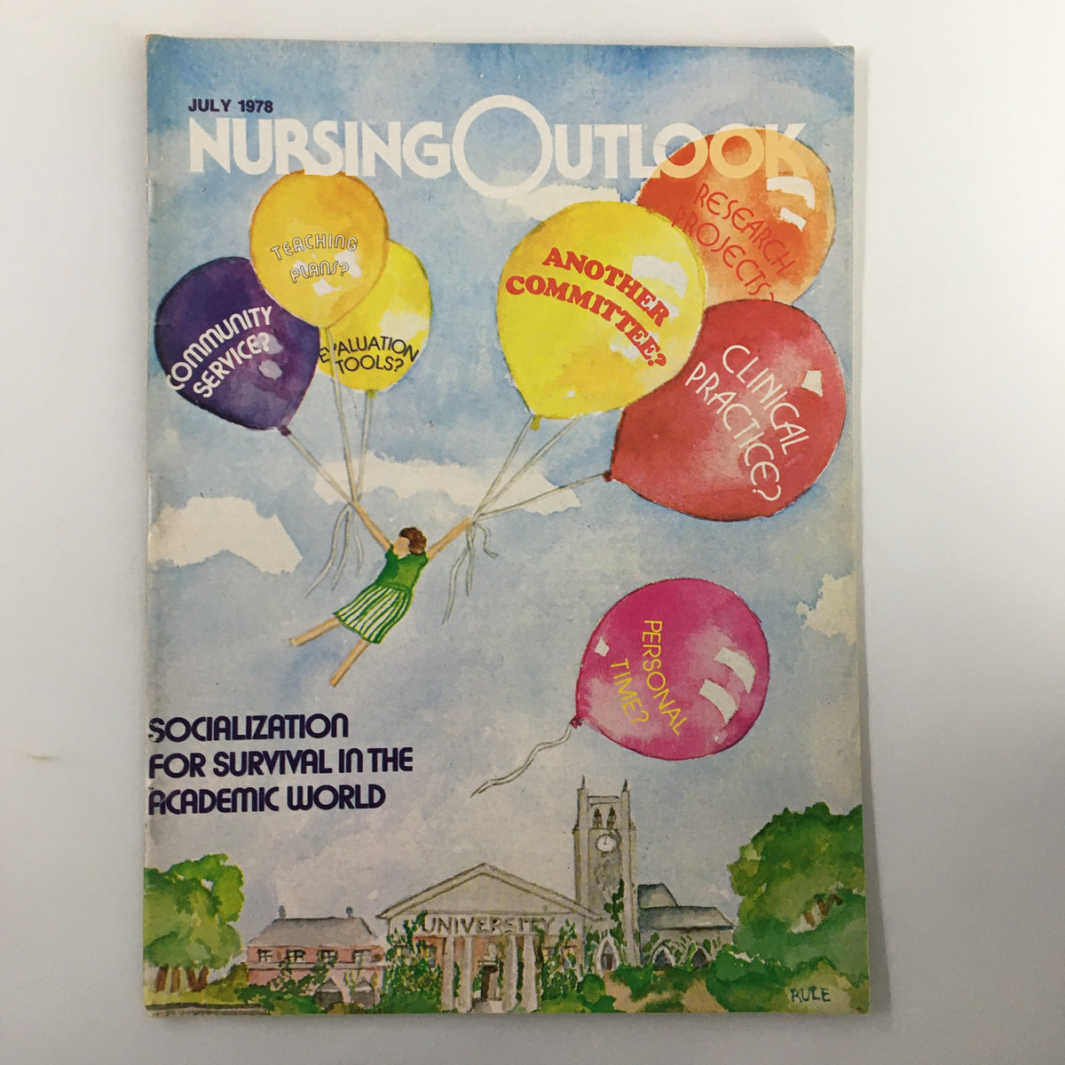 Vintage Nursing Outlook Magazine cover from July 1978, featuring colorful balloons with text highlighting themes of socialization in academia, set against a blue sky and a university building.