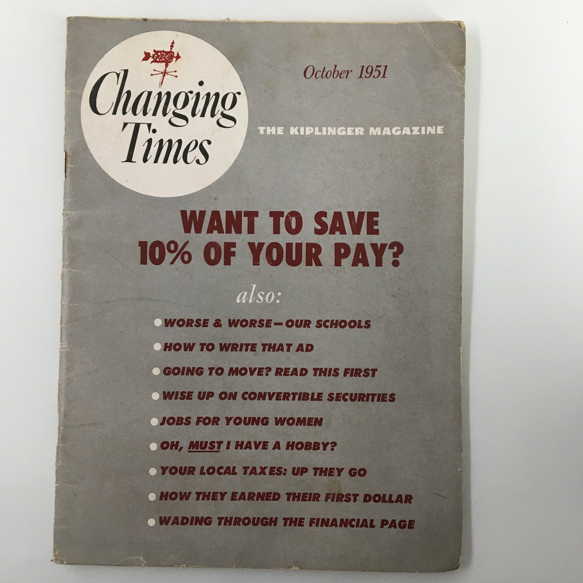 VTG Changing Times Magazine October 1951 cover featuring articles on education and savings, with a retro design and bold text headlines.