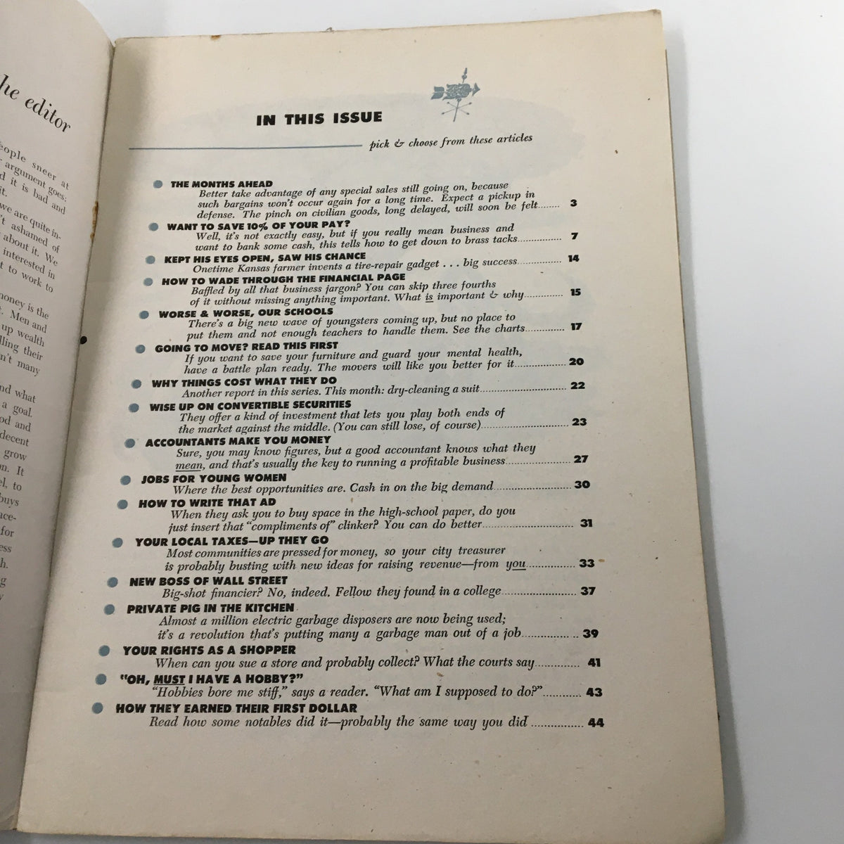 Inside content page of the VTG Changing Times Magazine from October 1951, showcasing a list of articles including 'Want to Save 10% of Your Pay?' and 'How to Write That Ad.'
