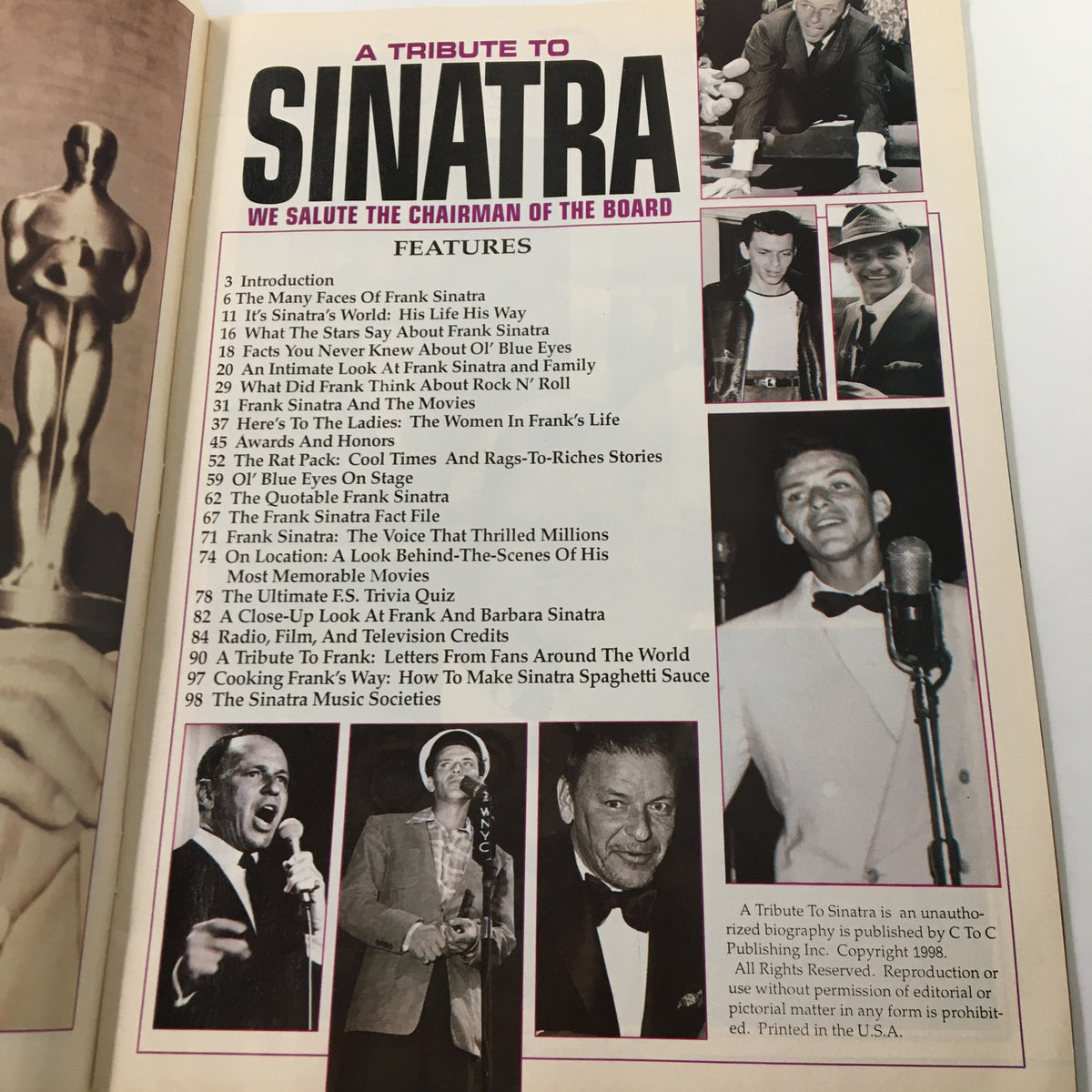 Inside page of Hit Parader Magazine 1998: A Tribute To Frank Sinatra showcasing the contents layout with various articles and features dedicated to Frank Sinatra.