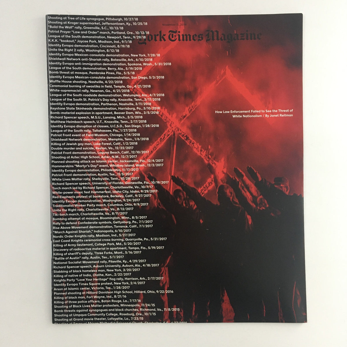 Cover of The New York Times Magazine from November 11, 2018, featuring the title 'White Nationalism, No Label' and imagery related to the topic.