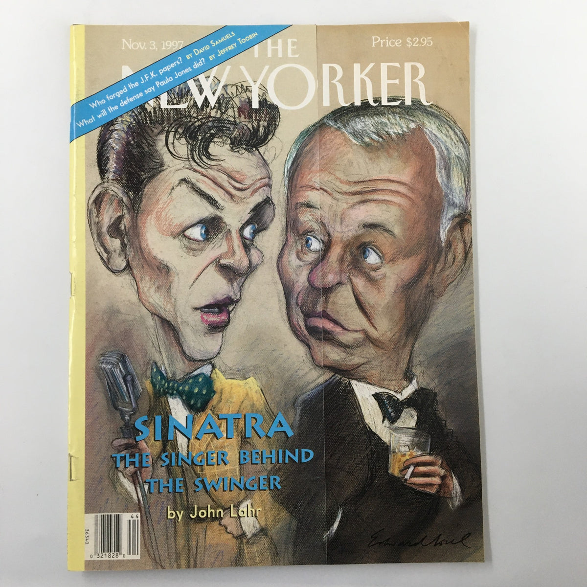 The New Yorker Full Magazine Cover from November 3, 1997 featuring a caricature of Frank Sinatra by Edward Sorel, showcasing Sinatra in a yellow suit with bow tie and a microphone.
