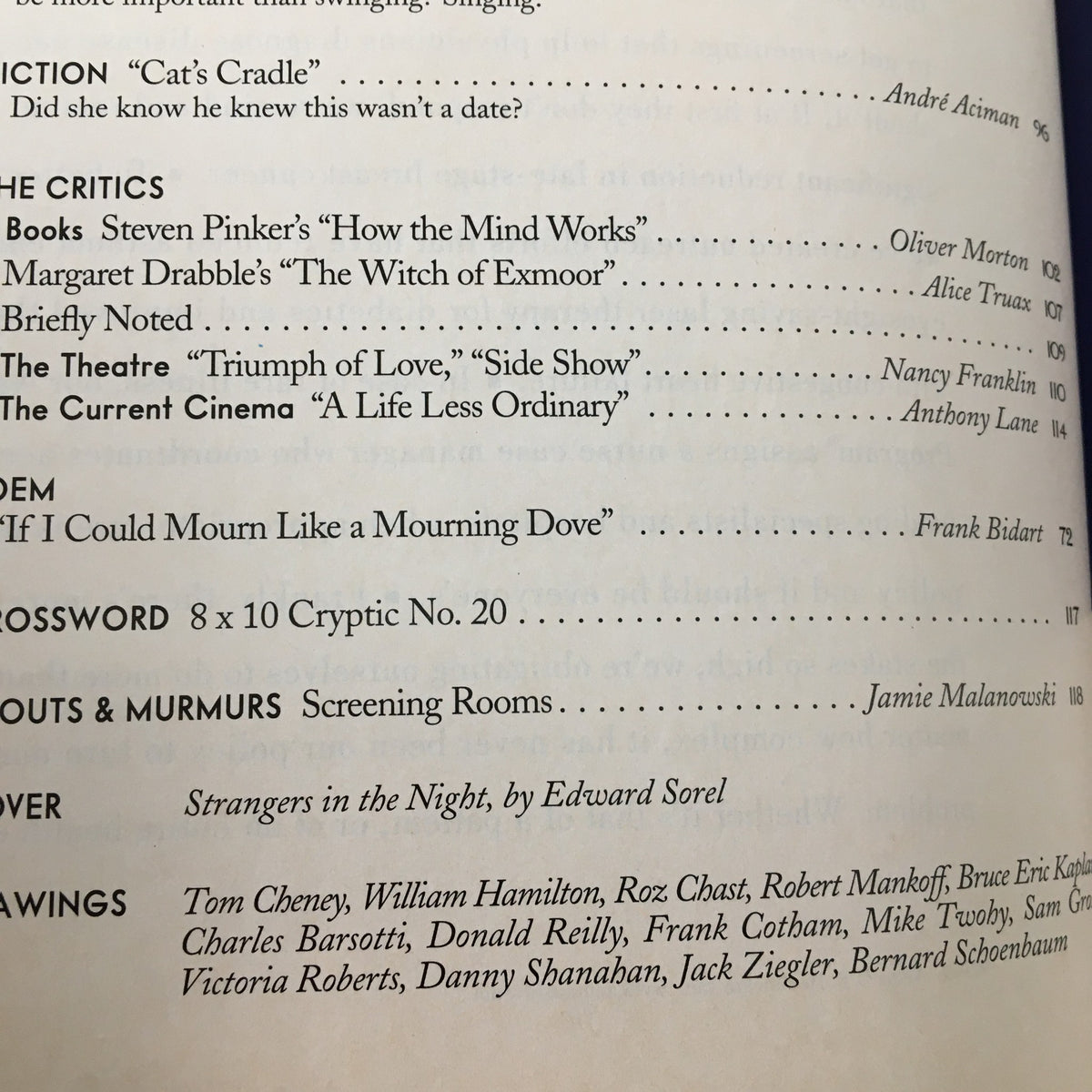 Excerpt from The New Yorker magazine issue of November 3, 1997, highlighting various sections including film reviews and poetry, alongside notable contributors.