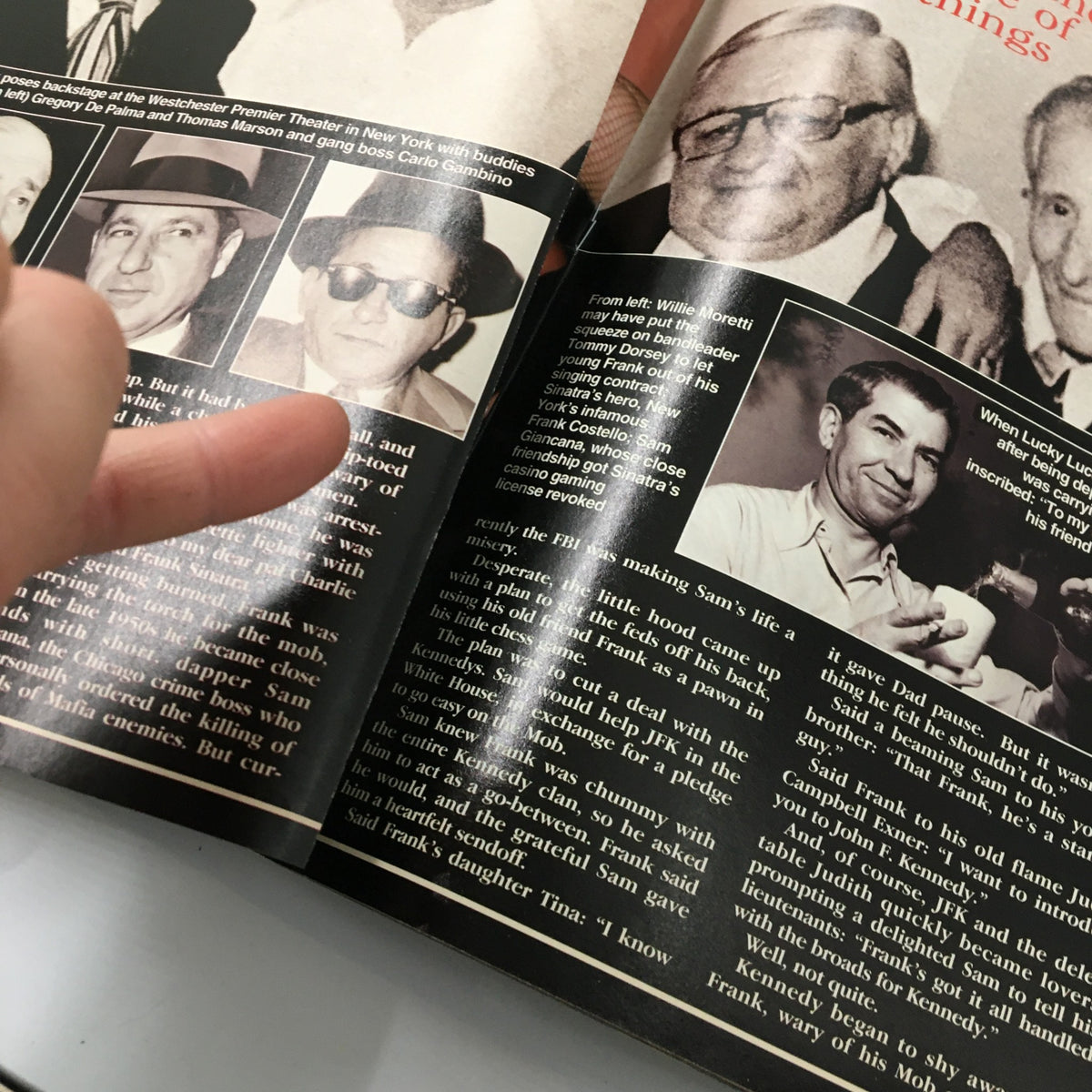 A historical photo included in Luxury Lifestyles Magazine 1998, showing notable figures connected to Frank Sinatra, alongside text highlighting the connection to the music scene.