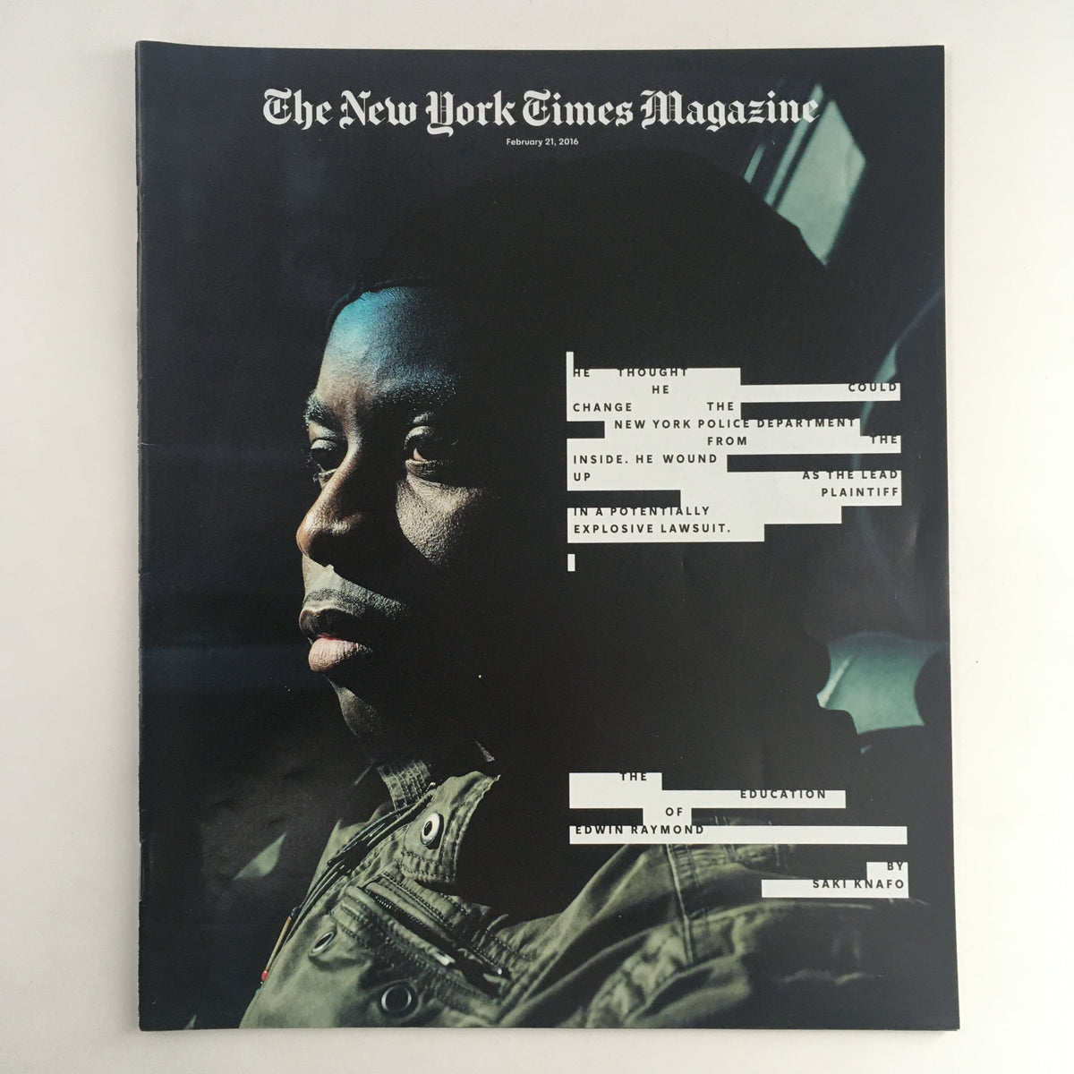 Cover of The New York Times Magazine from February 21, 2016, featuring a portrait of Edwin Raymond, discussing education and a significant lawsuit.