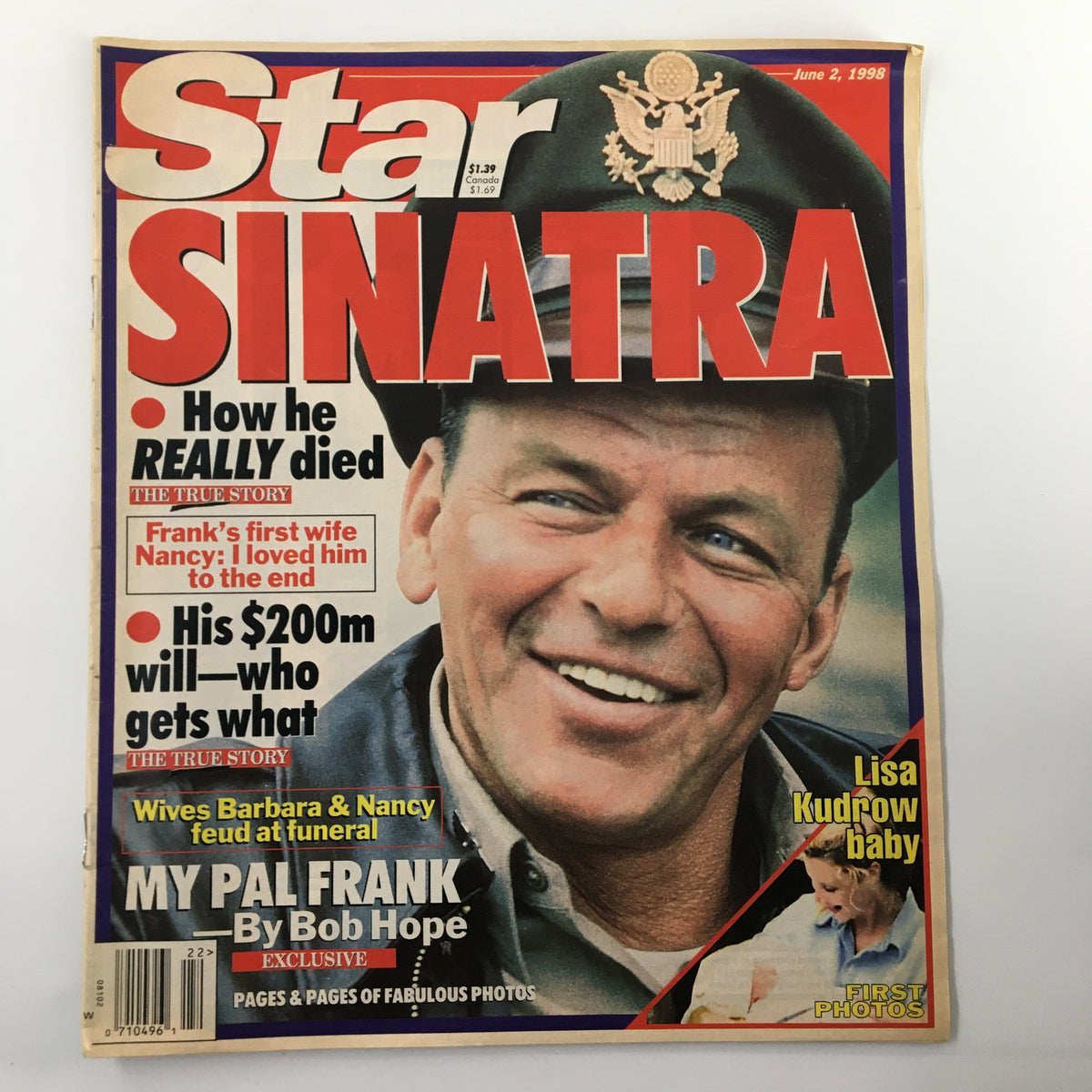 Star Tabloid Magazine cover from June 2, 1998 featuring Frank Sinatra, titled 'My Pal Frank Sinatra by Bob Hope, Lisa Kudrow'. The cover highlights stories about Sinatra's life, including claims about his will and discussions surrounding his funeral.