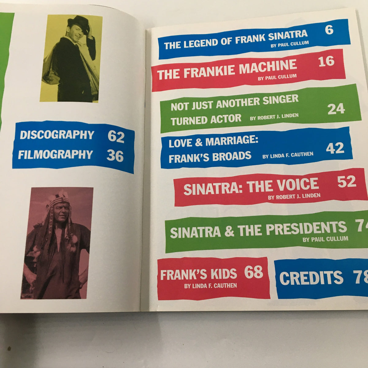 Contents page of LFP Magazine Vol. 3 #3, summarizing articles about Frank Sinatra's career, including discography and filmography details, with colorful section headings.