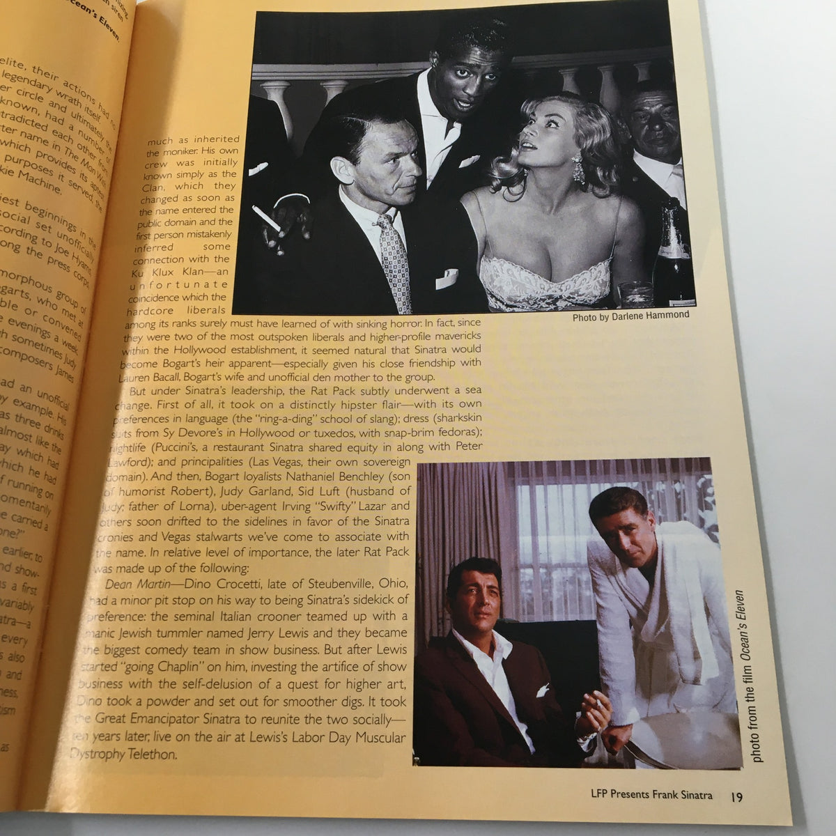 Page in LFP Magazine Vol. 3 #3 showcasing a photograph of Frank Sinatra with notable stars at an event, examining his influence within the entertainment industry.