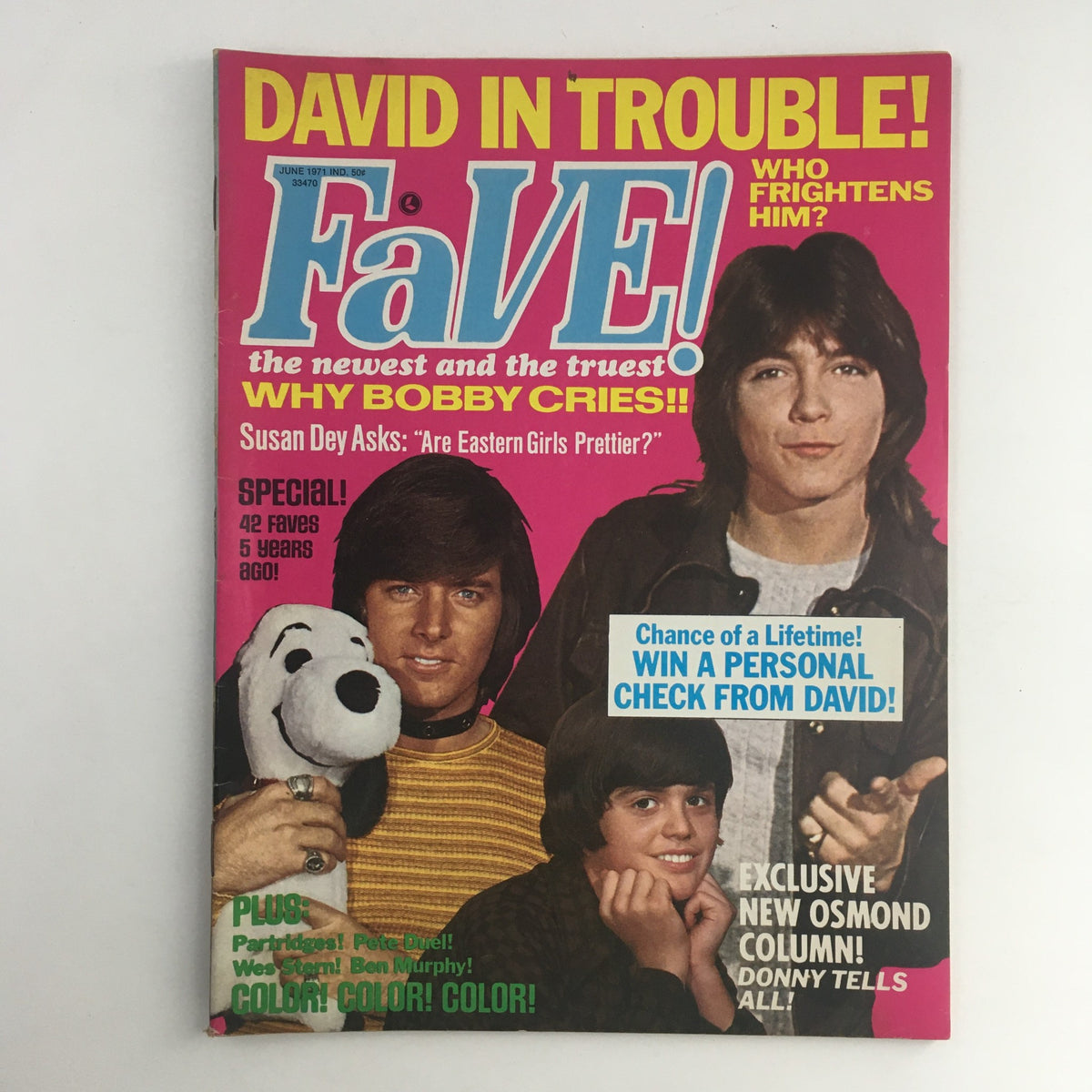 Fave Magazine June 1971 featuring David Cassidy, Susan Dey, and Bobby Cries on the cover, showcasing vibrant colors and headlines about celebrity interviews, pop culture, and a chance to win a personal check from David Cassidy.
