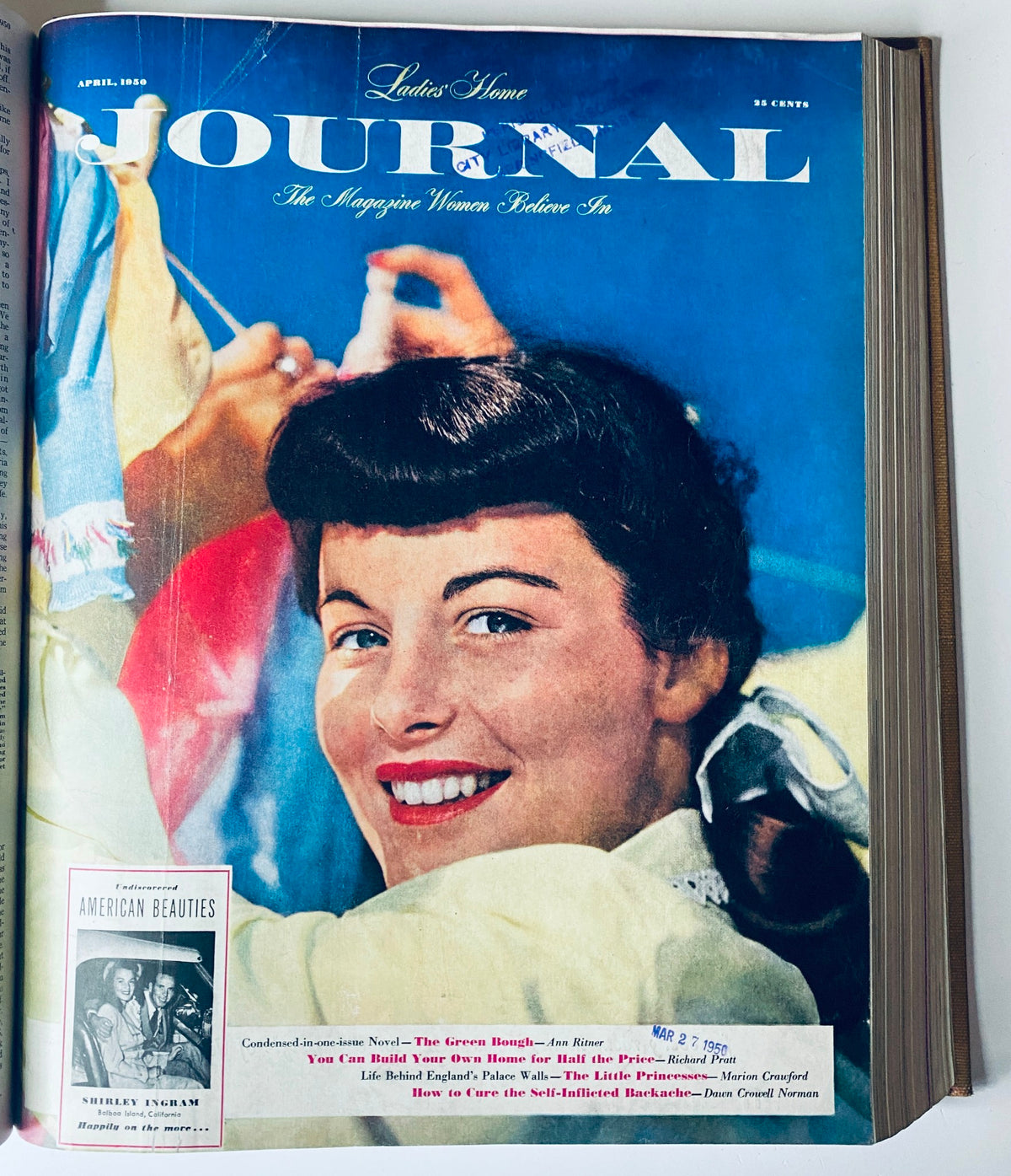 Cover image of Ladies' Home Journal, April 1950 edition. Features a classic portrait of a smiling woman, symbolizing 1950s women’s fashion and style. Part of the Ladies' Home Journal Library Bound Magazine 1950 full year collection, January - December.