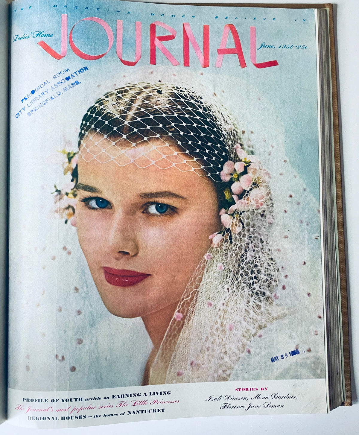 Cover image of Ladies' Home Journal, June 1950 edition. Features a bride adorned with a veil and flowers, reflecting trends in wedding culture from the 1950s. Included in the Ladies' Home Journal Library Bound Magazine 1950 full year collection, January - December.