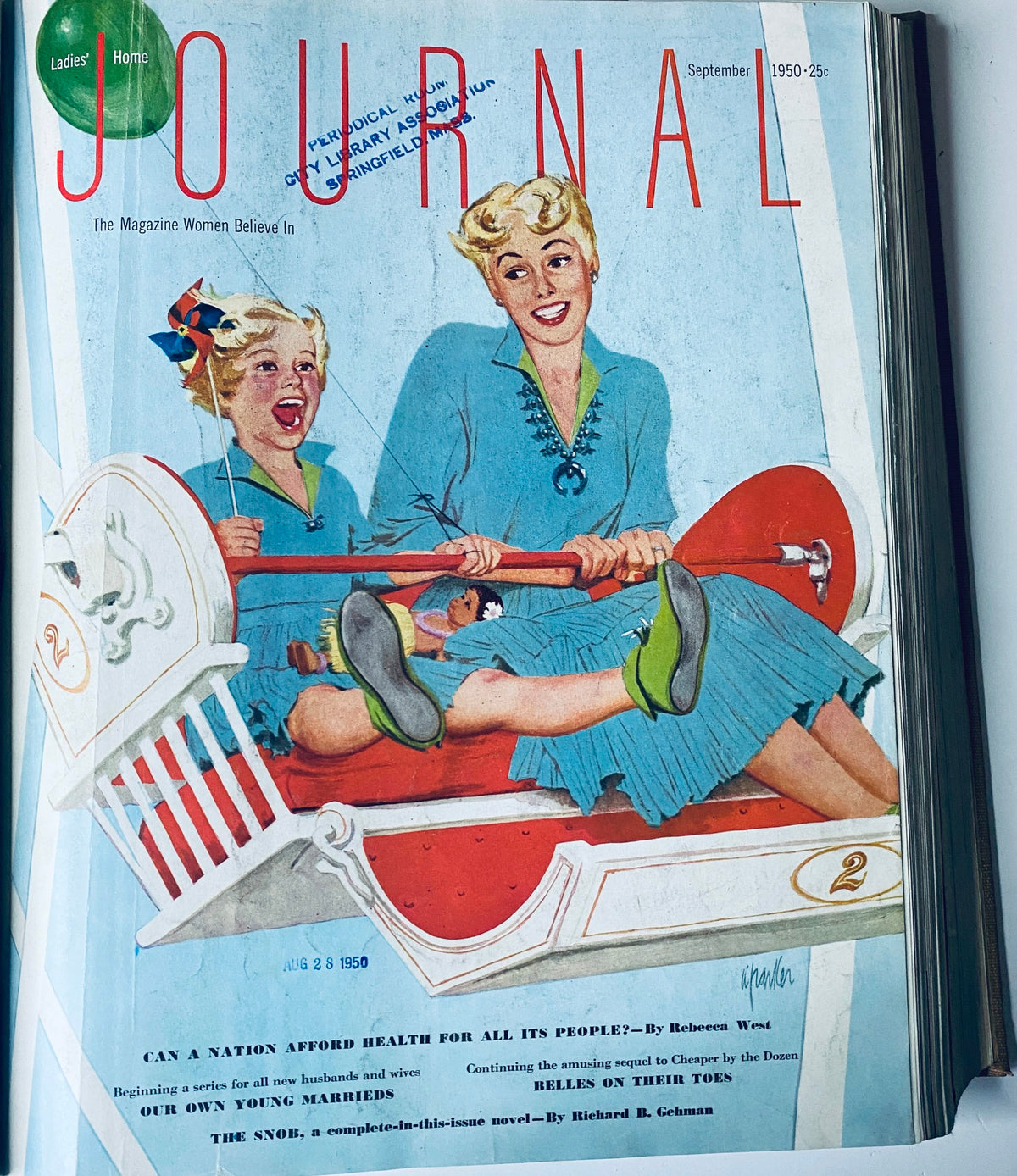 Cover of the September 1950 Ladies' Home Journal, featuring an illustration of a mother and daughter enjoying a playground ride, showcasing family life in the 1950s.