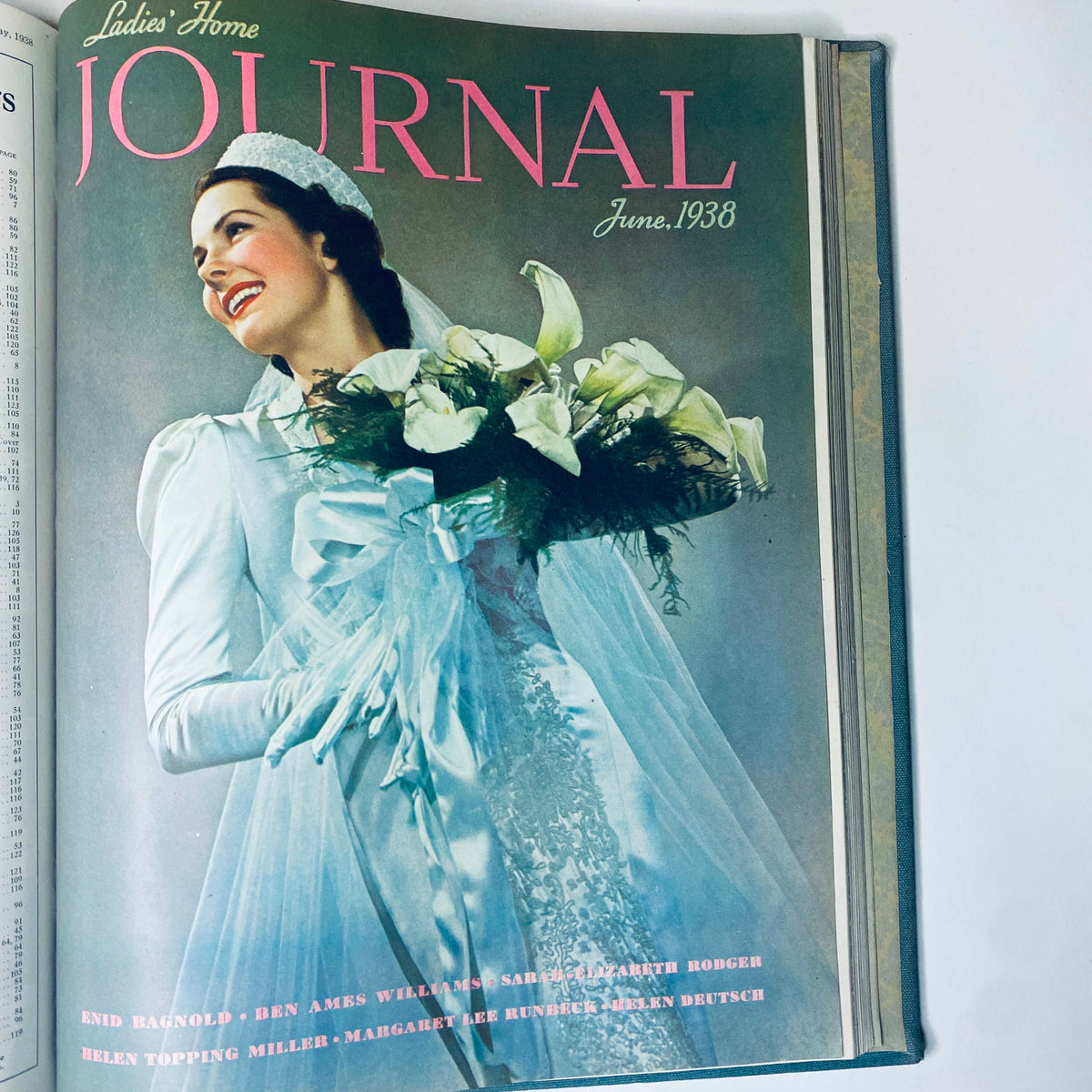Ladies' Home Journal Bound Magazine 1938 Cover - June issue showcasing a woman in a wedding dress holding a bouquet of lilies.