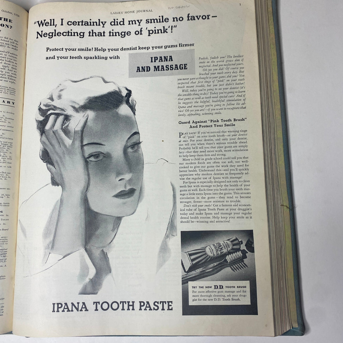 Vintage advertisement from the Ladies' Home Journal, featuring a woman with a pensive expression promoting Ipana Tooth Paste, highlighting dental care for a bright smile.