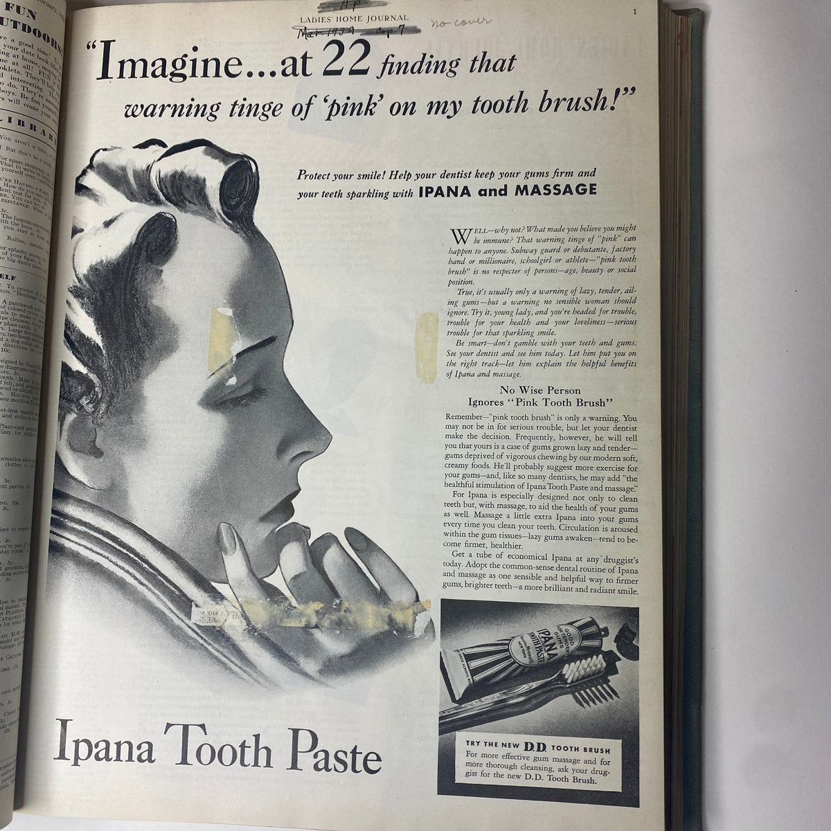 An advertisement for Ipana Tooth Paste from Ladies' Home Journal, showcasing a vintage beauty portrait and emphasizing oral health.