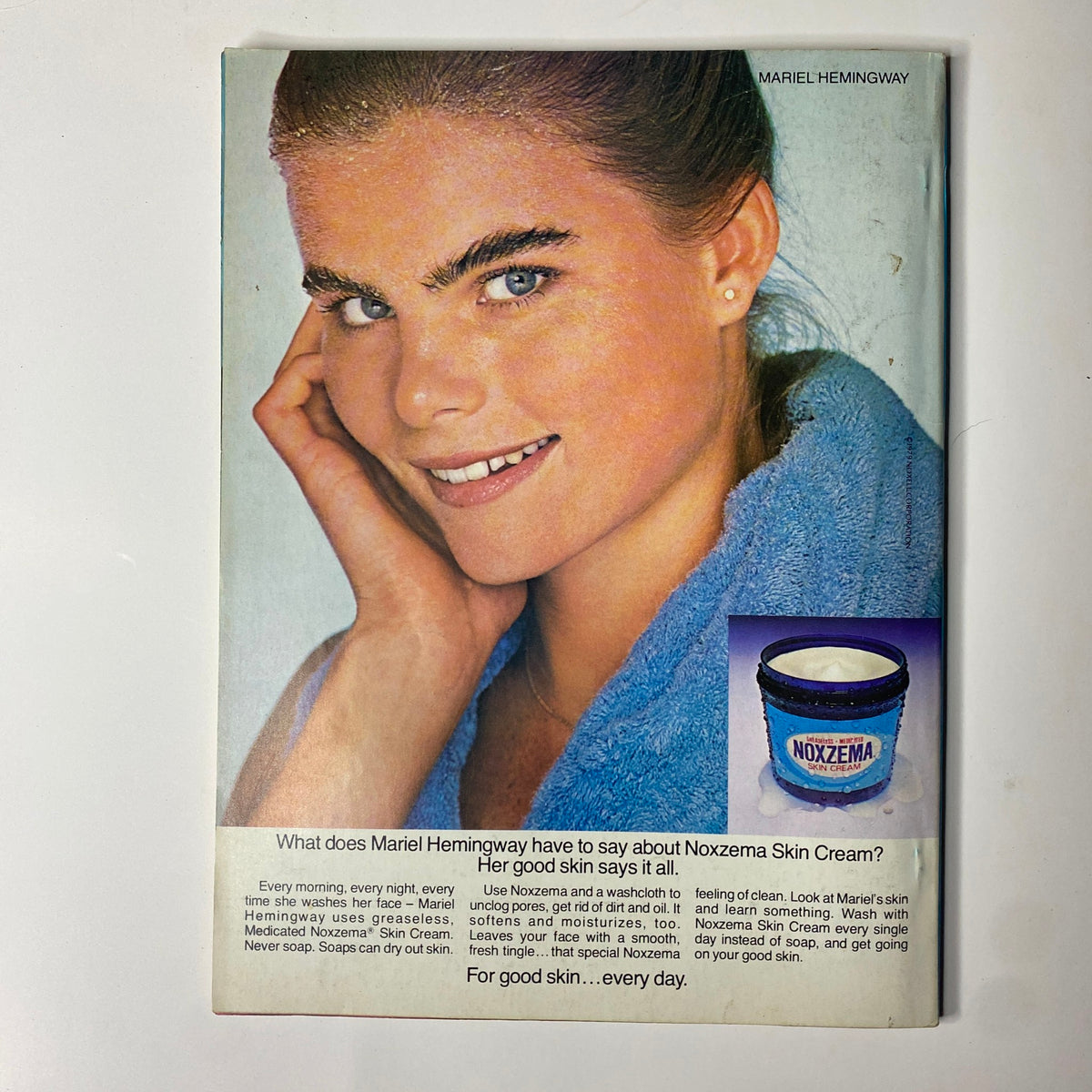 Mariel Hemingway promoting Noxzema Skin Cream in a vintage advertisement, emphasizing youthful beauty and skincare in the context of September 1980 Tiger Beat Magazine.