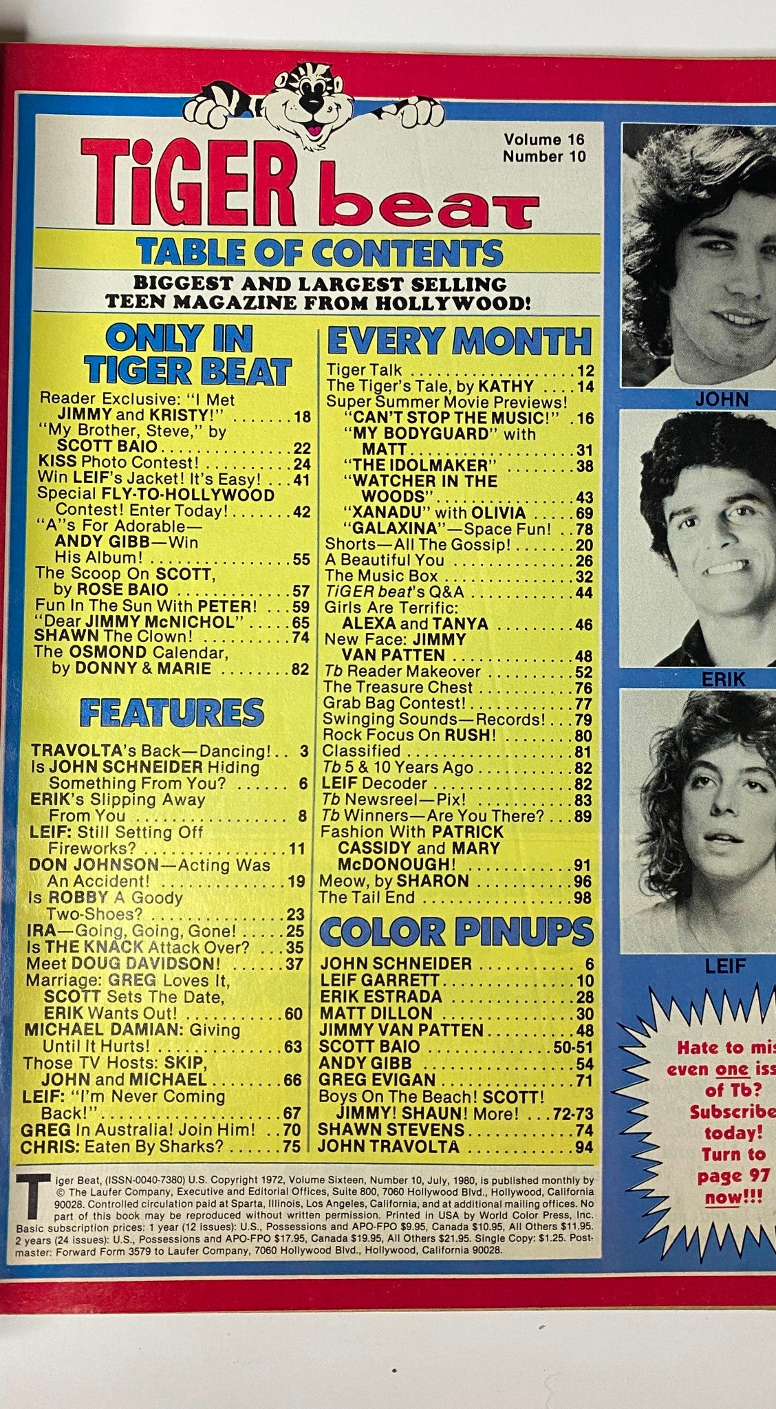 Table of Contents of Tiger Beat Magazine July 1980 showcasing the cover stars and various features including a profile of John Schneider.