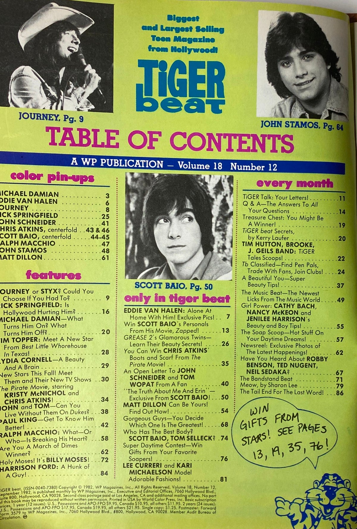 Tiger Beat Magazine September 1982 cover featuring John Stamos and a table of contents listing celebrity features including Journey and Scott Baio.
